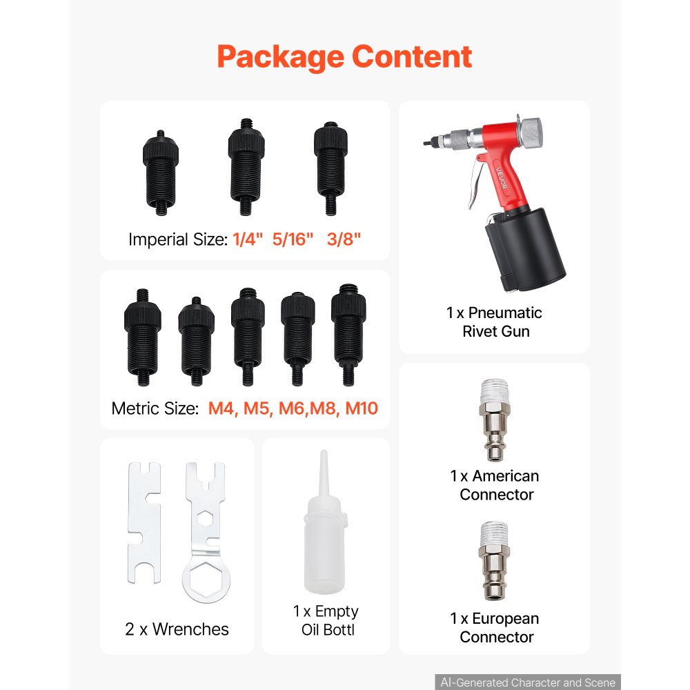 VEVOR Pneumatic Rivet Nut Gun Kit with 8PCS SAE & Metric Gun Heads, M4 M5 M6 M8 M10 1/4" 5/16" 3/8", 2680LBS Force, Air Rivet Nut Tool for Automotive, Construction, Industrial Manufacturing