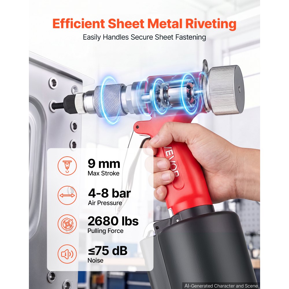 VEVOR Pneumatic Rivet Nut Gun Kit with 8PCS SAE & Metric Gun Heads, M4 M5 M6 M8 M10 1/4" 5/16" 3/8", 2680LBS Force, Air Rivet Nut Tool for Automotive, Construction, Industrial Manufacturing