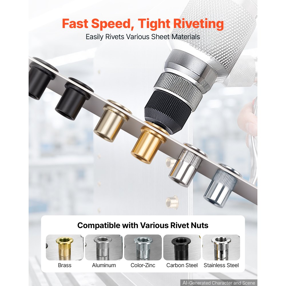 VEVOR Pneumatic Rivet Nut Gun Kit with 8PCS SAE & Metric Gun Heads, M4 M5 M6 M8 M10 1/4" 5/16" 3/8", 2680LBS Force, Air Rivet Nut Tool for Automotive, Construction, Industrial Manufacturing