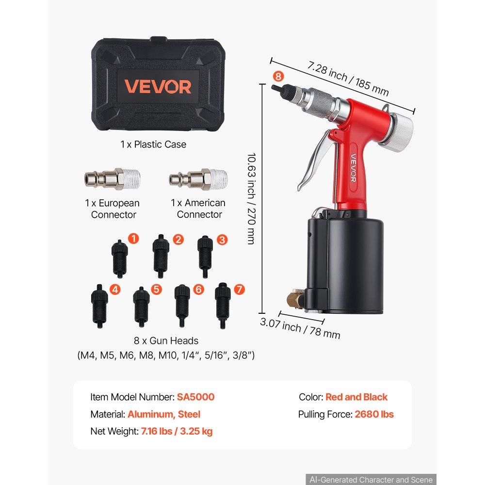VEVOR Pneumatic Rivet Nut Gun Kit with 8PCS SAE & Metric Gun Heads, M4 M5 M6 M8 M10 1/4" 5/16" 3/8", 2680LBS Force, Air Rivet Nut Tool for Automotive, Construction, Industrial Manufacturing