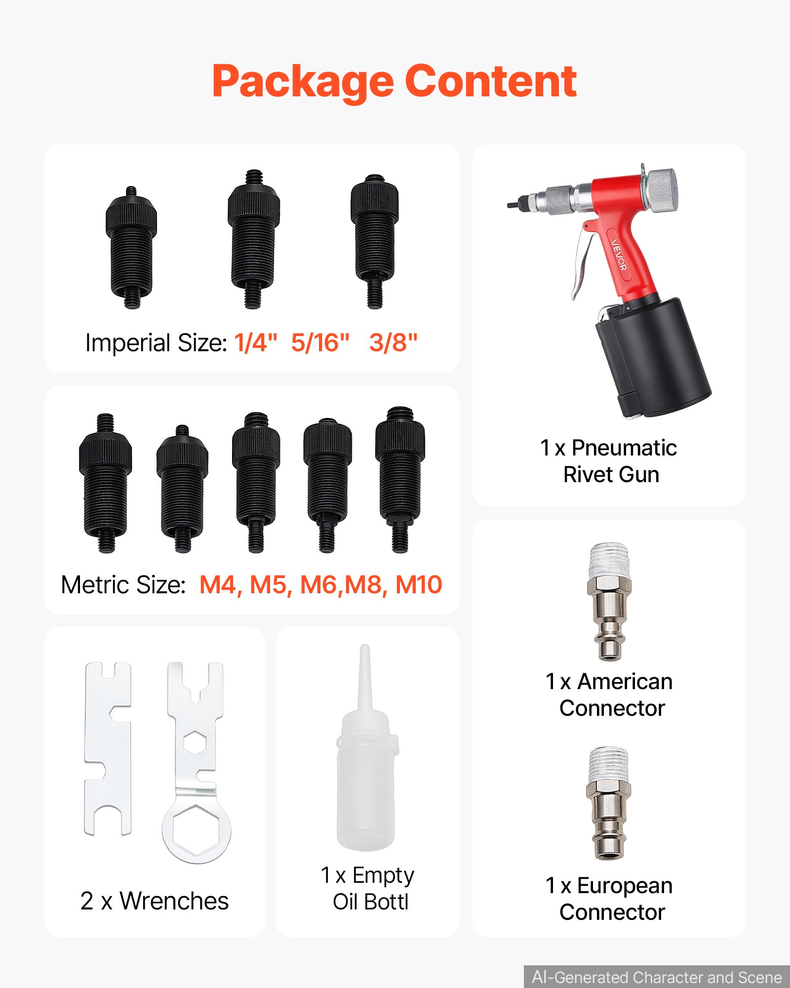 VEVOR Pneumatic Rivet Nut Gun Kit with 8PCS SAE & Metric Gun Heads, M4 M5 M6 M8 M10 1/4" 5/16" 3/8", 2680LBS Force, Air Rivet Nut Tool for Automotive, Construction, Industrial Manufacturing