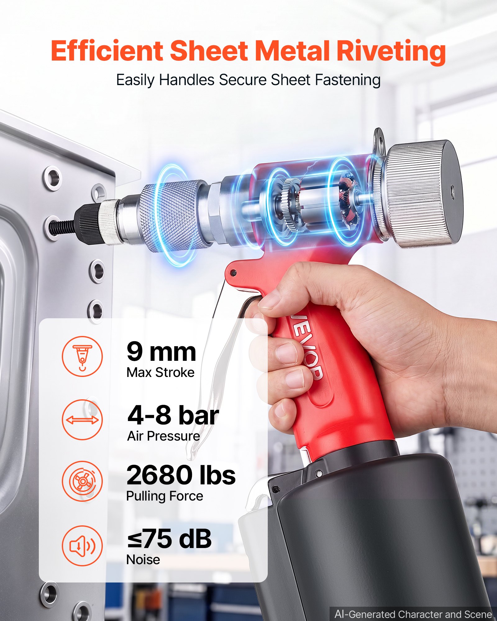 VEVOR Pneumatic Rivet Nut Gun Kit with 8PCS SAE & Metric Gun Heads, M4 M5 M6 M8 M10 1/4" 5/16" 3/8", 2680LBS Force, Air Rivet Nut Tool for Automotive, Construction, Industrial Manufacturing