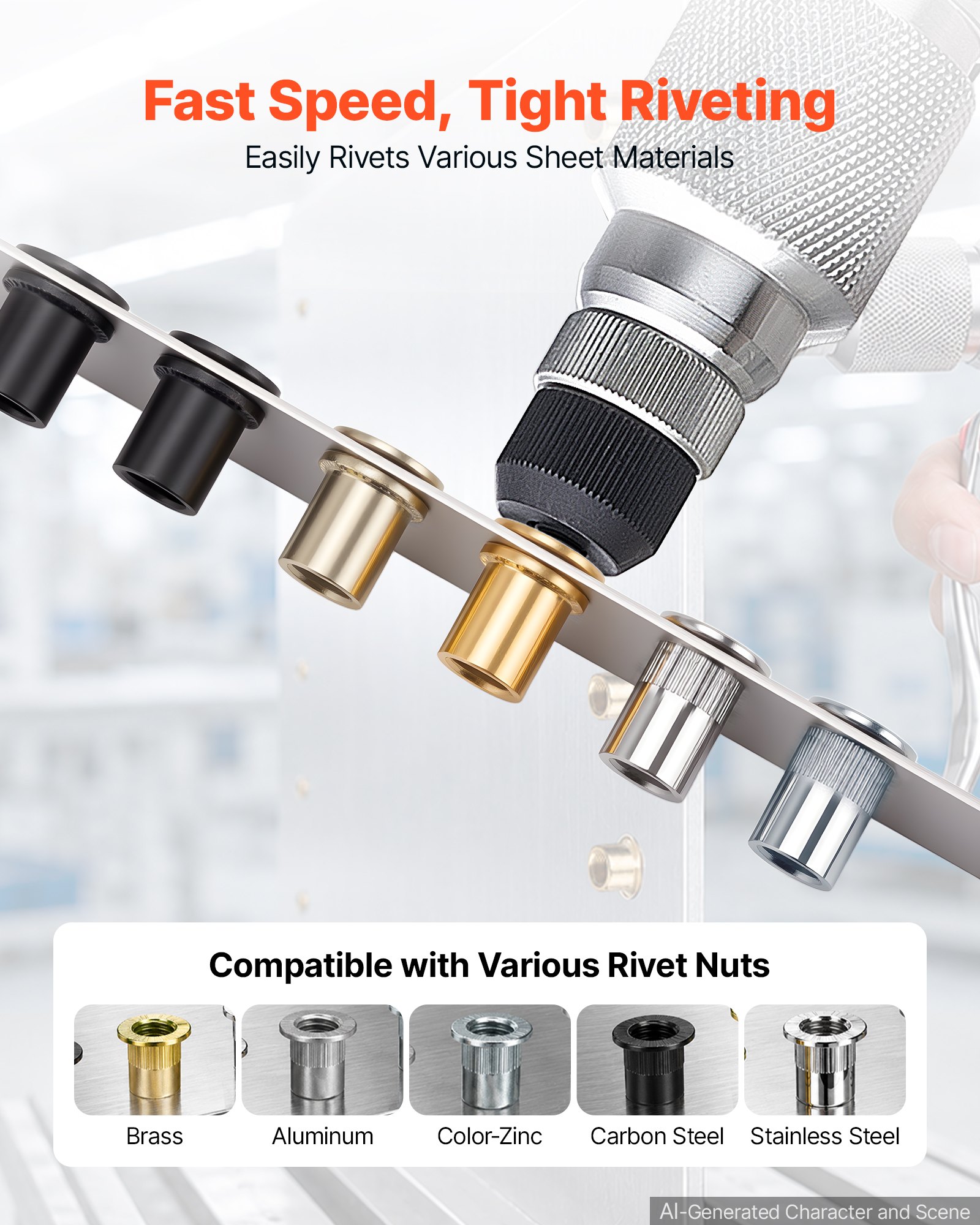 VEVOR Pneumatic Rivet Nut Gun Kit with 8PCS SAE & Metric Gun Heads, M4 M5 M6 M8 M10 1/4" 5/16" 3/8", 2680LBS Force, Air Rivet Nut Tool for Automotive, Construction, Industrial Manufacturing