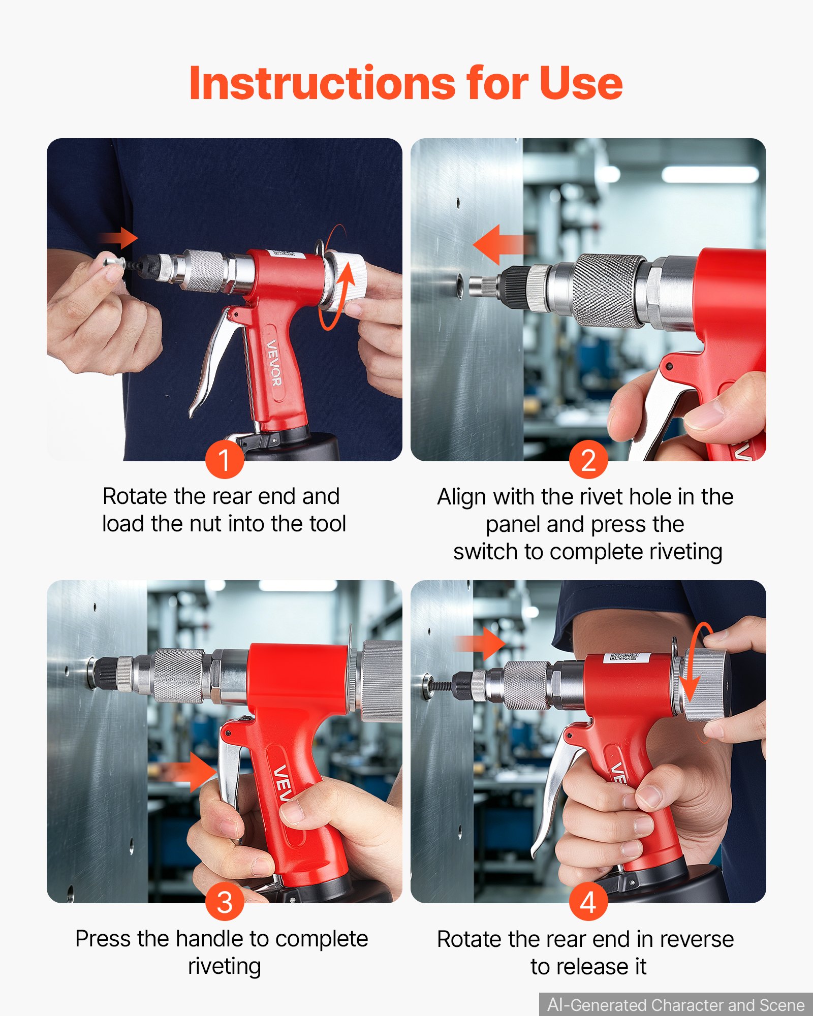 VEVOR Pneumatic Rivet Nut Gun Kit with 8PCS SAE & Metric Gun Heads, M4 M5 M6 M8 M10 1/4" 5/16" 3/8", 2680LBS Force, Air Rivet Nut Tool for Automotive, Construction, Industrial Manufacturing