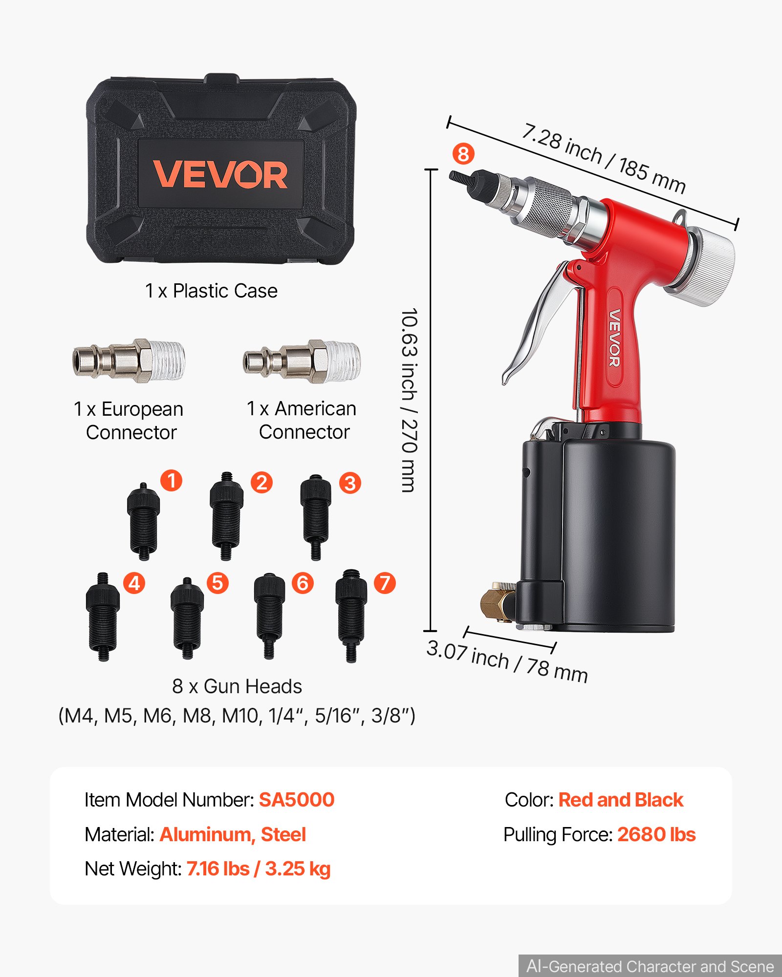 VEVOR Pneumatic Rivet Nut Gun Kit with 8PCS SAE & Metric Gun Heads, M4 M5 M6 M8 M10 1/4" 5/16" 3/8", 2680LBS Force, Air Rivet Nut Tool for Automotive, Construction, Industrial Manufacturing