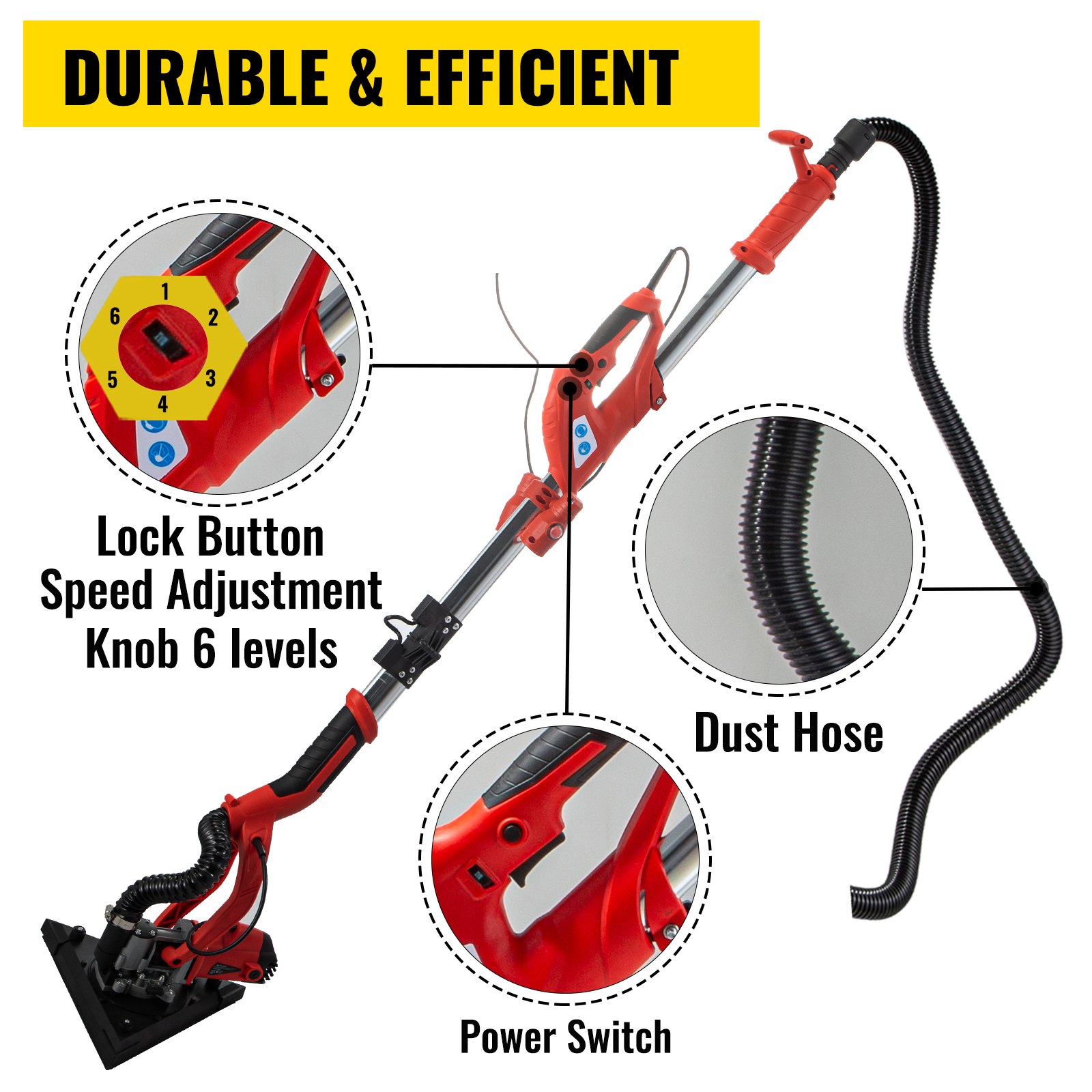 VEVOR Electric Drywall Sander 850W Foldable&Extendable Sander with LED Light