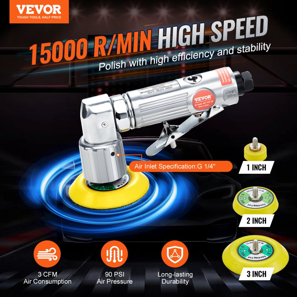 VEVOR Mini Air Sander, 2.5/5.1/7.6 cm Random Orbital Air Sander, 15000r/min High Speed Mini Pneumatic Sander Polisher for Auto Body Work, 58PCS Air Powered Sander Kit with Wavy Sponges, Sandpapers, Wool Pad