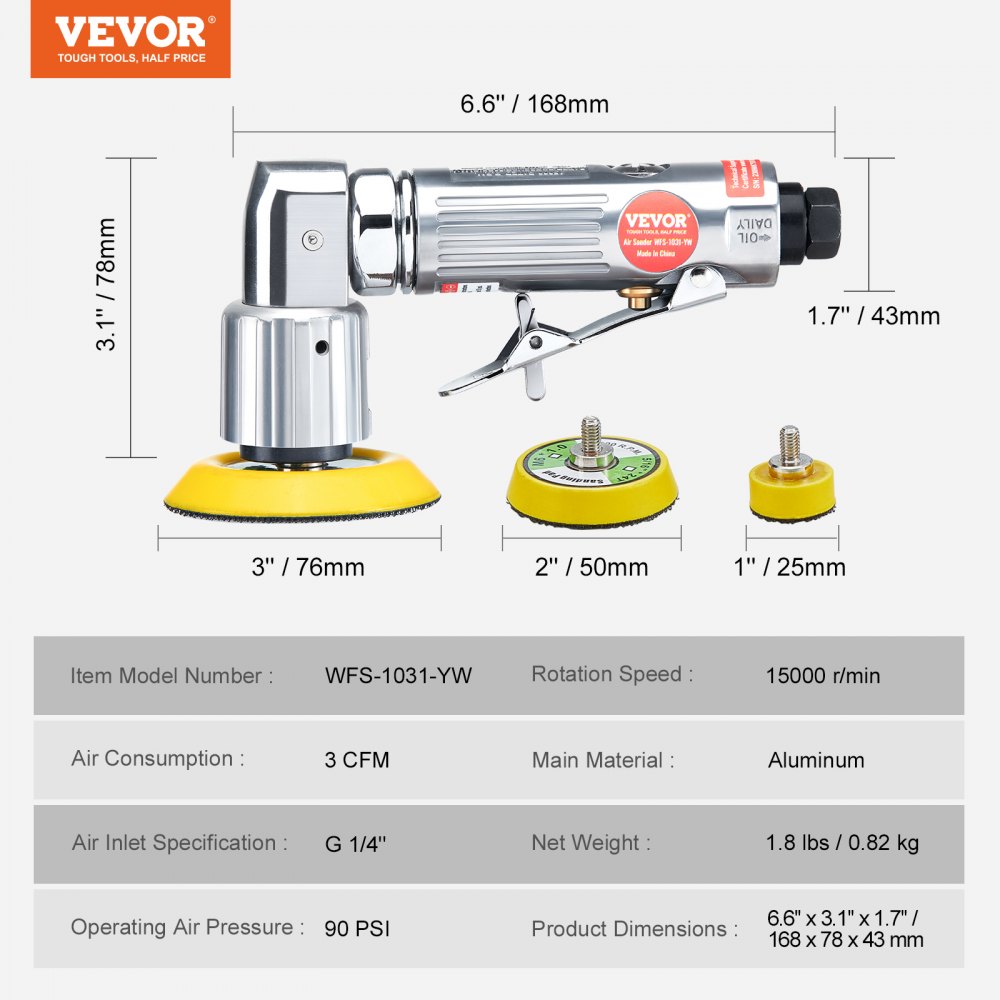 VEVOR Mini Air Sander, 2.5/5.1/7.6 cm Random Orbital Air Sander, 15000r/min High Speed Mini Pneumatic Sander Polisher for Auto Body Work, 58PCS Air Powered Sander Kit with Wavy Sponges, Sandpapers, Wool Pad
