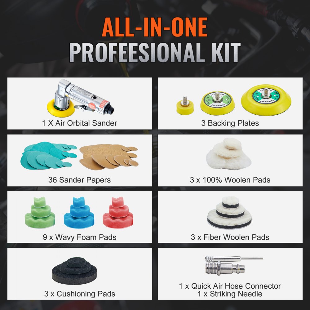VEVOR Mini Air Sander, 2.5/5.1/7.6 cm Random Orbital Air Sander, 15000r/min High Speed Mini Pneumatic Sander Polisher for Auto Body Work, 58PCS Air Powered Sander Kit with Wavy Sponges, Sandpapers, Wool Pad