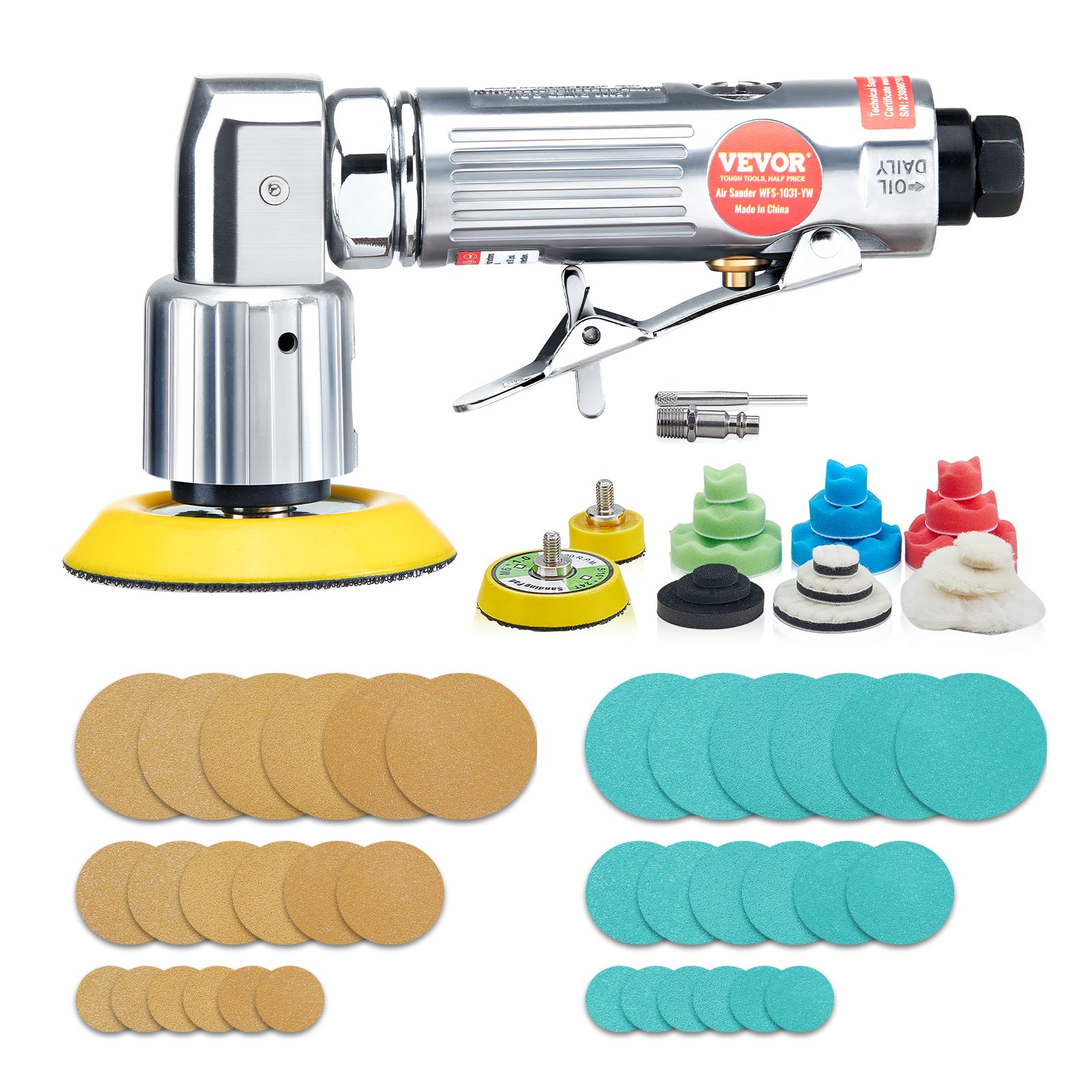 VEVOR Mini Air Sander, 2.5/5.1/7.6 cm Random Orbital Air Sander, 15000r/min High Speed Mini Pneumatic Sander Polisher for Auto Body Work, 58PCS Air Powered Sander Kit with Wavy Sponges, Sandpapers, Wool Pad