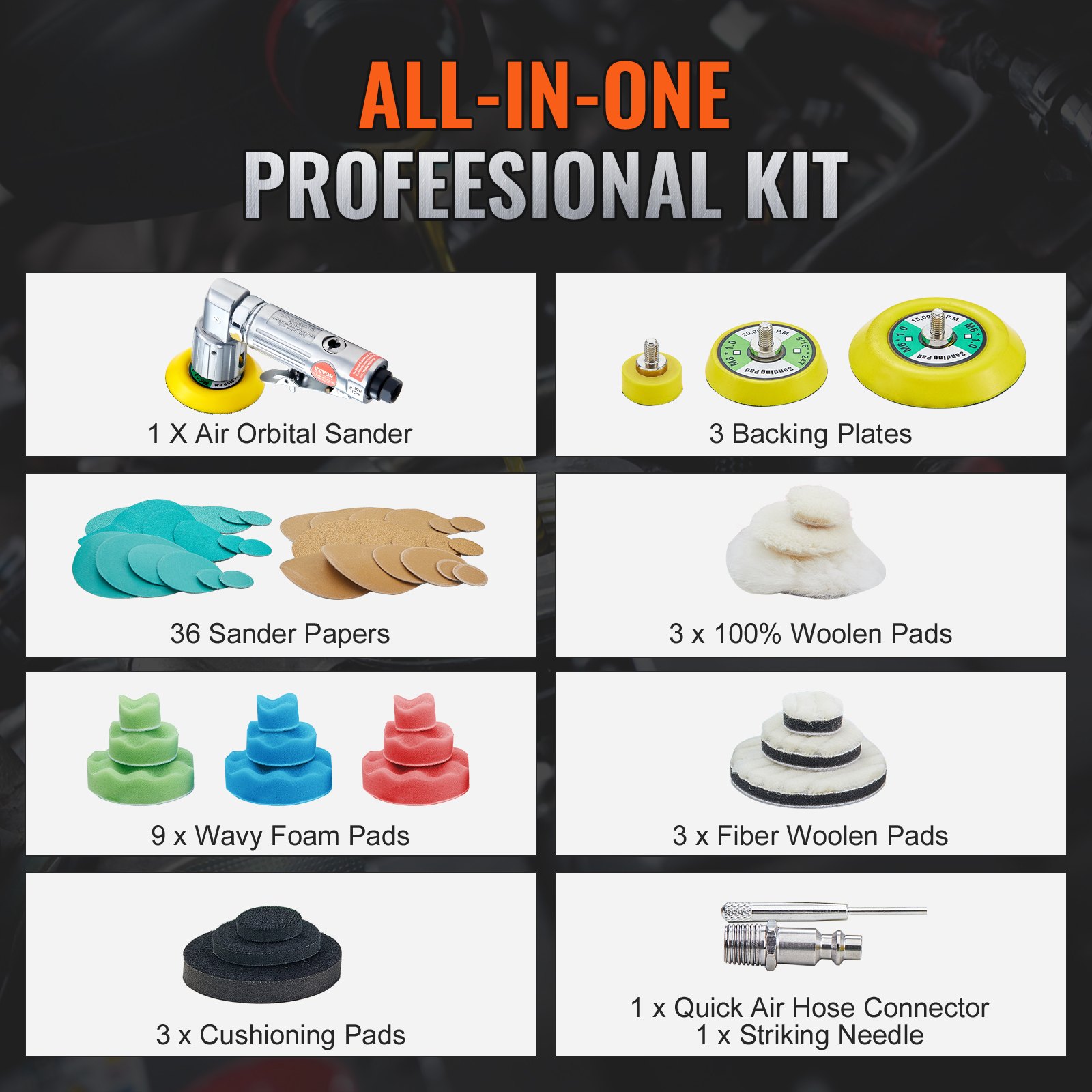 VEVOR Mini Air Sander, 1"/2"/3" Random Orbital Air Sander, 15000r/min High Speed Mini Pneumatic Sander Polisher for Auto Body Work, 58PCS Air Powered Sander Kit with Wavy Sponges, Sandpapers, Wool Pad