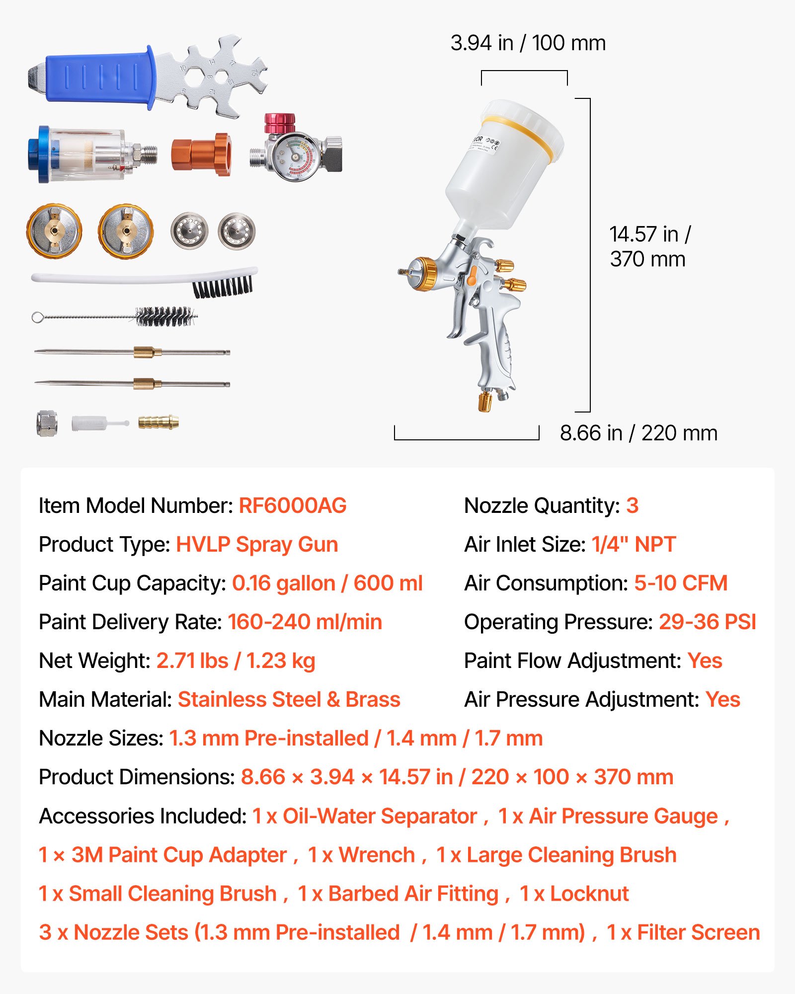 VEVOR HVLP Air Spray Gun, Gravity Feed Paint Sprayer Gun with 3 Nozzles (1.3/1.4/1.7mm), 600ml Capacity Auto Paint Sprayer with Air Regulator for Automotive Primers, Clear Coats & Topcoats