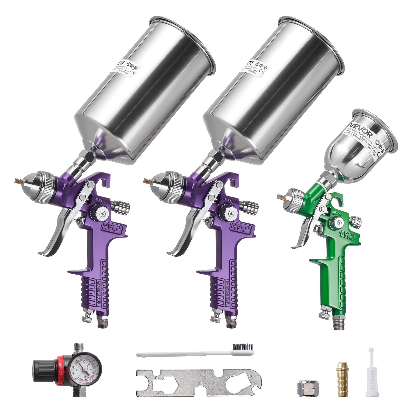 VEVOR 3-Piece Air Spray Gun Kit, Professional Auto Paint Spray Gun Set with 3 Nozzles (1/1.4/1.8mm), 3 Cups & Air Regulator, Gravity Feed Automotive Paint Sprayer for Primer, Topcoat & Touch-Up