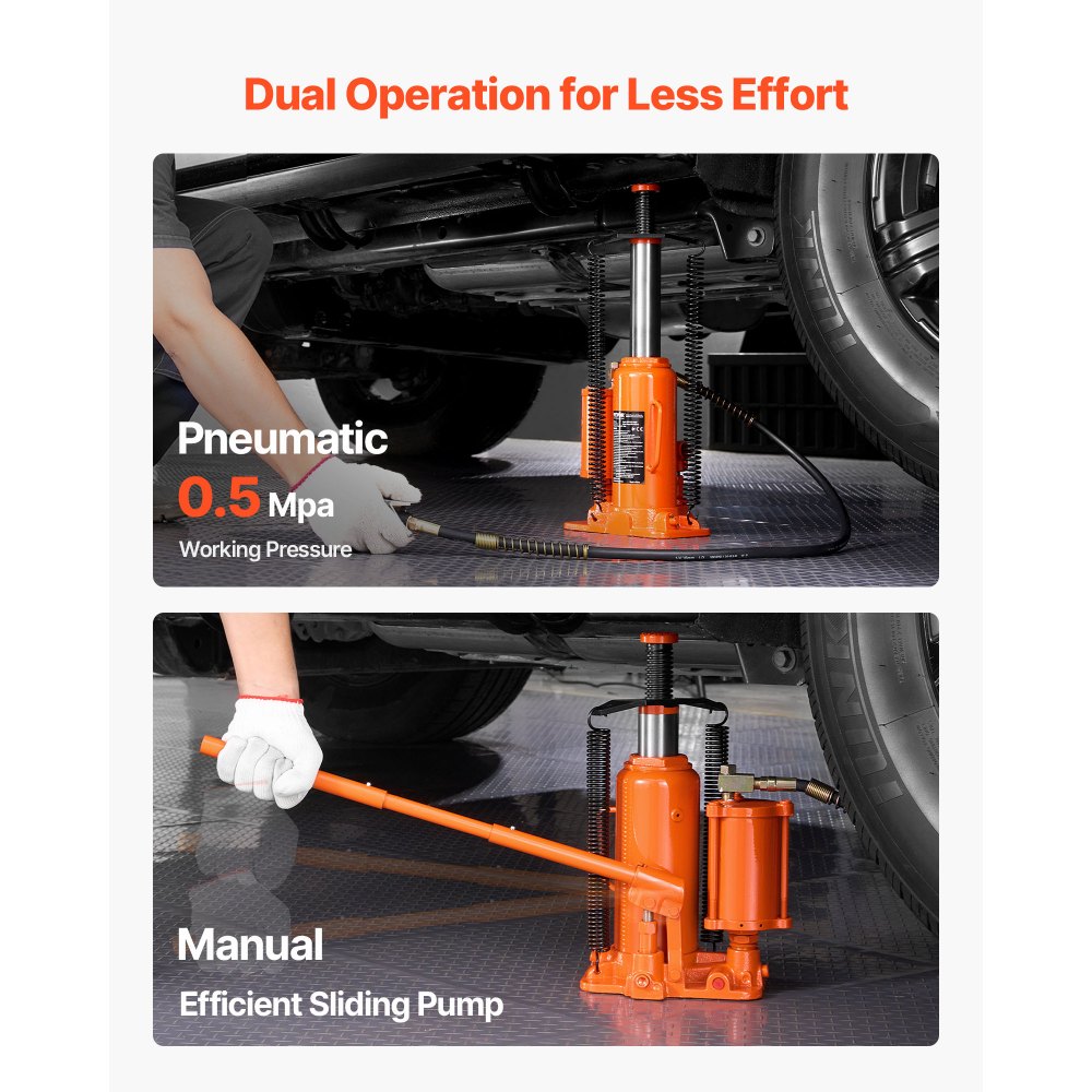 VEVOR Air Hydraulic Bottle Jack, 12 Ton Max Load Capacity, 265-505 mm Lifting Range, Pneumatic/Manual Heavy Duty Welded Bottle Jack with Hand Pump for SUV, Pickup, Truck, and Car Auto Repair, Orange