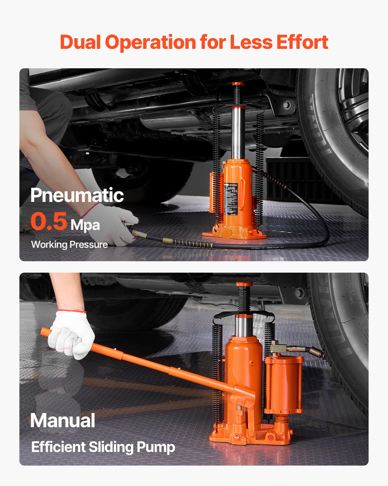 VEVOR Air Hydraulic Bottle Jack, 12 Ton Max Load Capacity, 265-505 mm Lifting Range, Pneumatic/Manual Heavy Duty Welded Bottle Jack with Hand Pump for SUV, Pickup, Truck, and Car Auto Repair, Orange