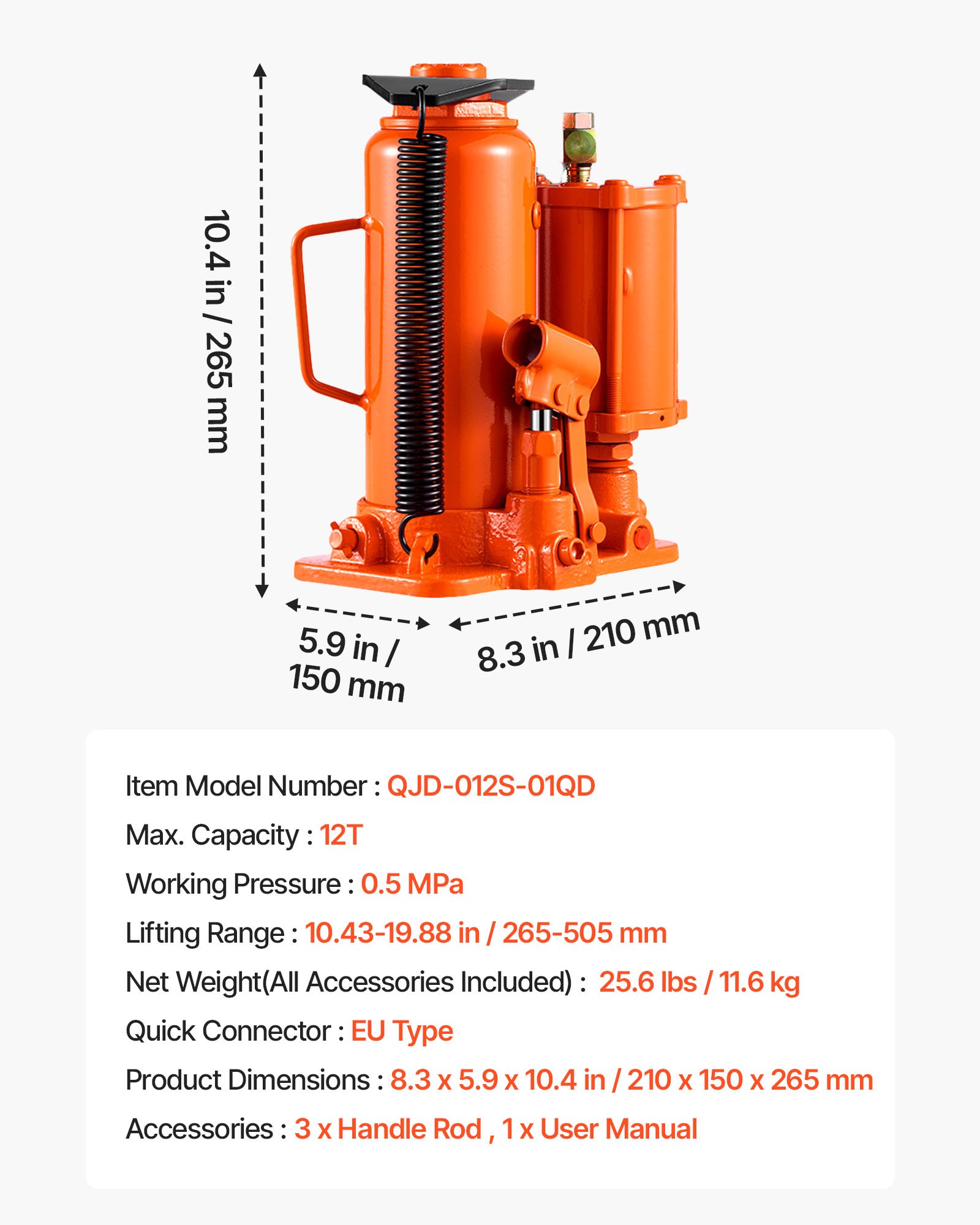 VEVOR Air Hydraulic Bottle Jack, 12 Ton Max Load Capacity, 265-505 mm Lifting Range, Pneumatic/Manual Heavy Duty Welded Bottle Jack with Hand Pump for SUV, Pickup, Truck, and Car Auto Repair, Orange