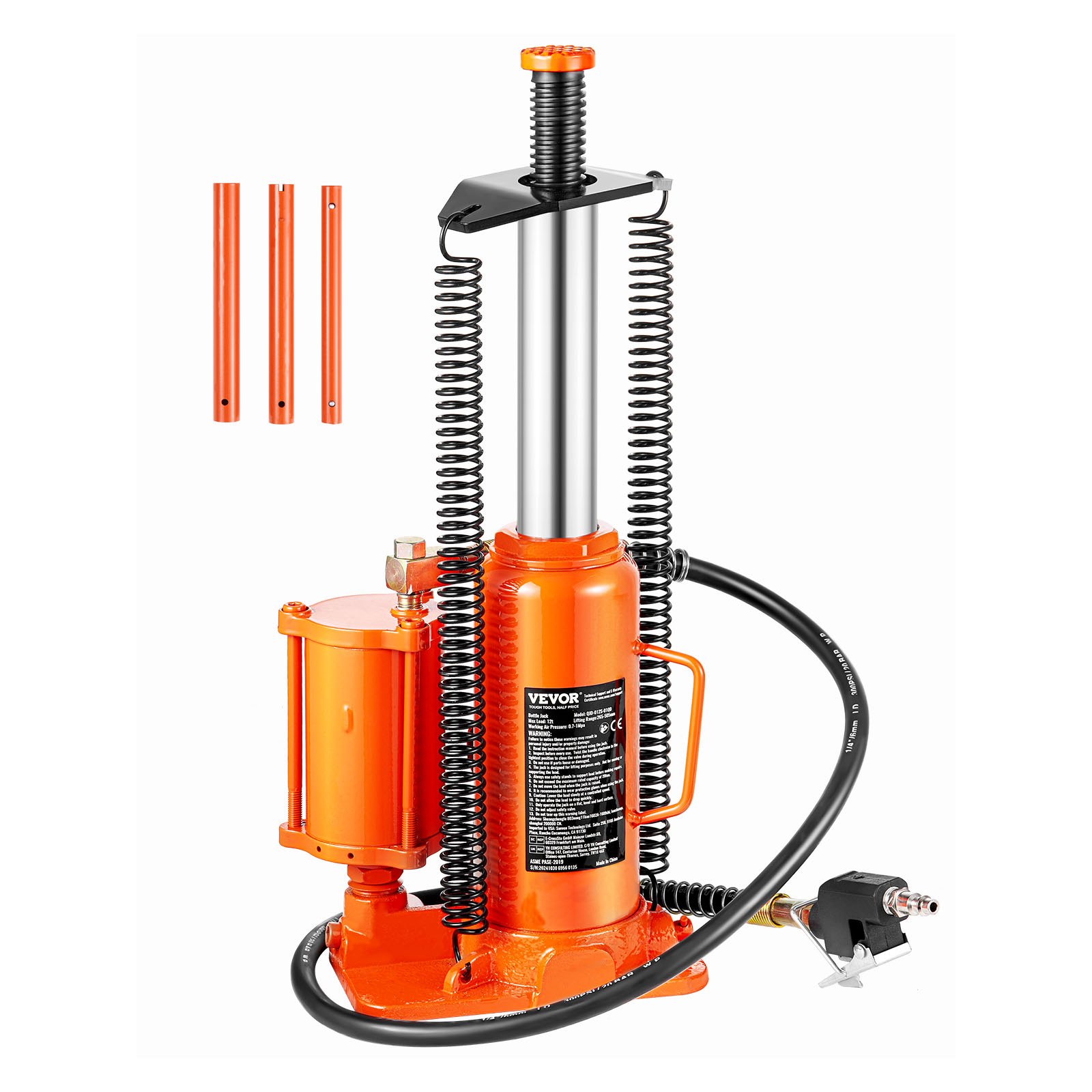 VEVOR Air Hydraulic Bottle Jack, 12 Ton Max Load Capacity, 265-505 mm Lifting Range, Pneumatic/Manual Heavy Duty Welded Bottle Jack with Hand Pump for SUV, Pickup, Truck, and Car Auto Repair, Orange