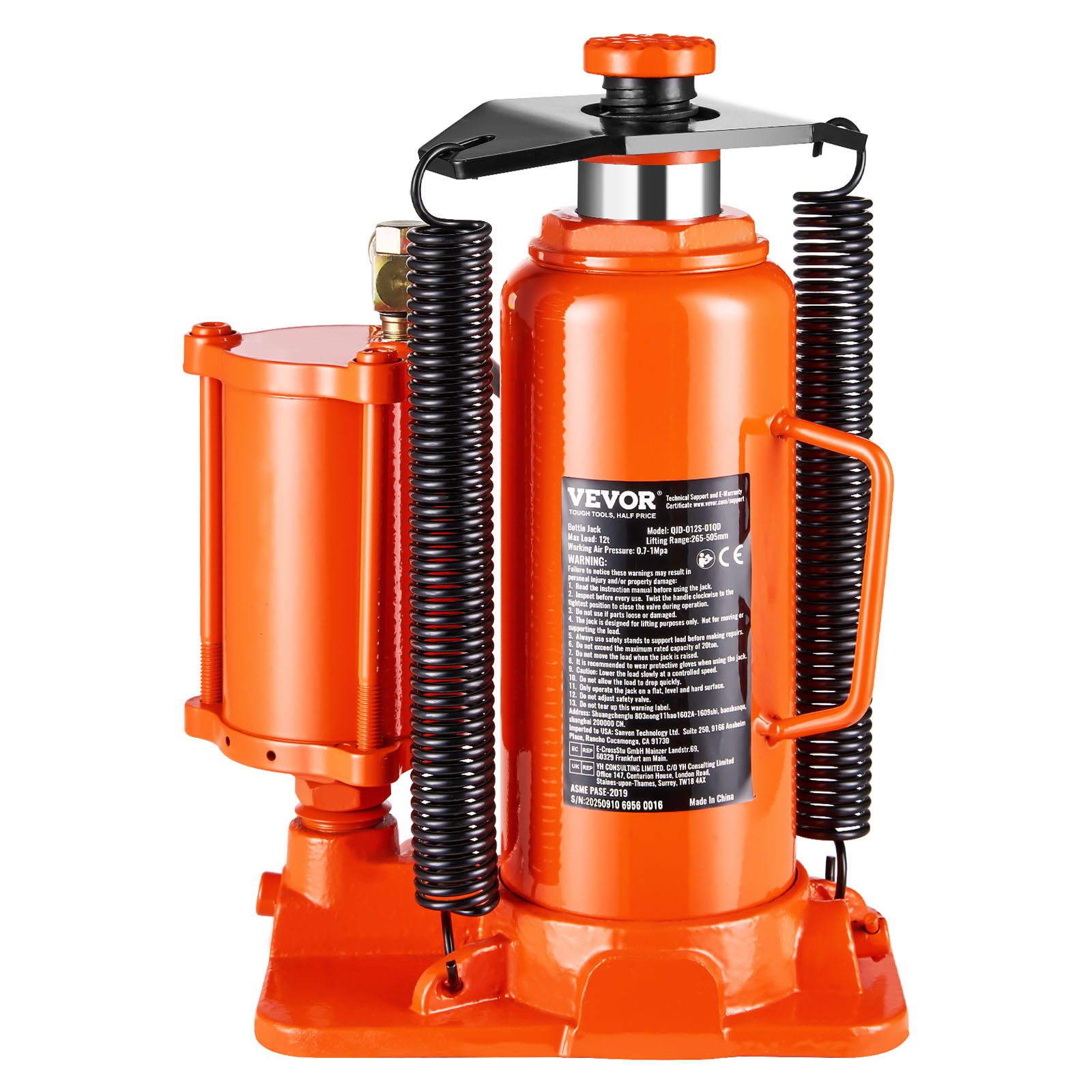 VEVOR Air Hydraulic Bottle Jack, 12 Ton Max Load Capacity, 265-505 mm Lifting Range, Pneumatic/Manual Heavy Duty Welded Bottle Jack with Hand Pump for SUV, Pickup, Truck, and Car Auto Repair, Orange