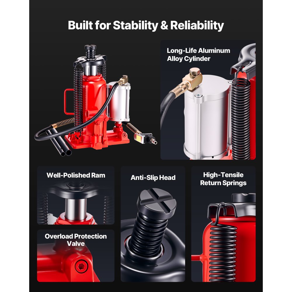 VEVOR Air Hydraulic Bottle Jack, 20 Ton (44092 lbs) Capacity, 10.2-19.5 Inch Lifting Range, Pneumatic/Manual Heavy Duty Welded Bottle Jack with Pump for Car, SUV, Pickup, Truck, RV, Auto Repair, Red