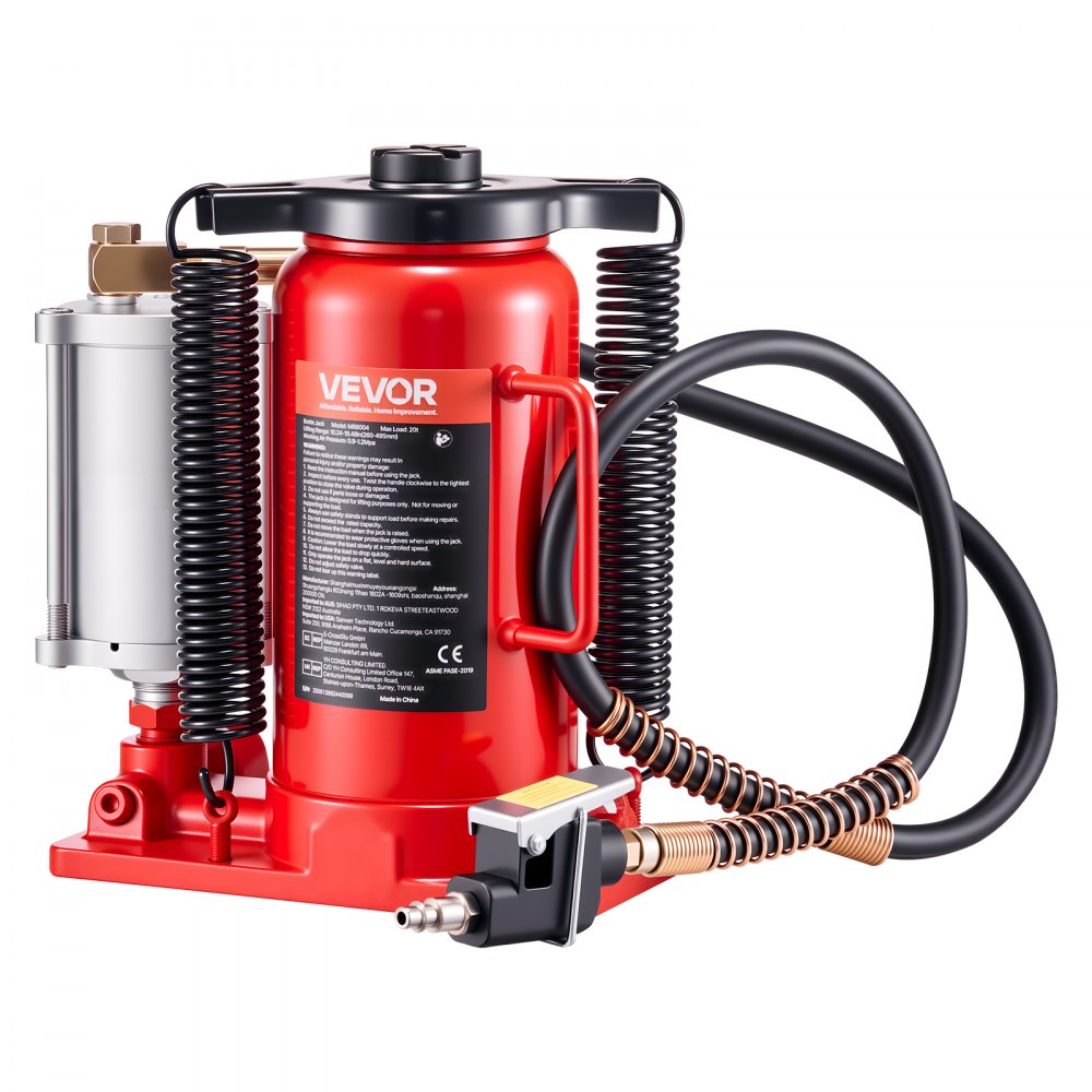 VEVOR Air Hydraulic Bottle Jack, 20 Ton (44092 lbs) Capacity, 10.2-19.5 Inch Lifting Range, Pneumatic/Manual Heavy Duty Welded Bottle Jack with Pump for Car, SUV, Pickup, Truck, RV, Auto Repair, Red