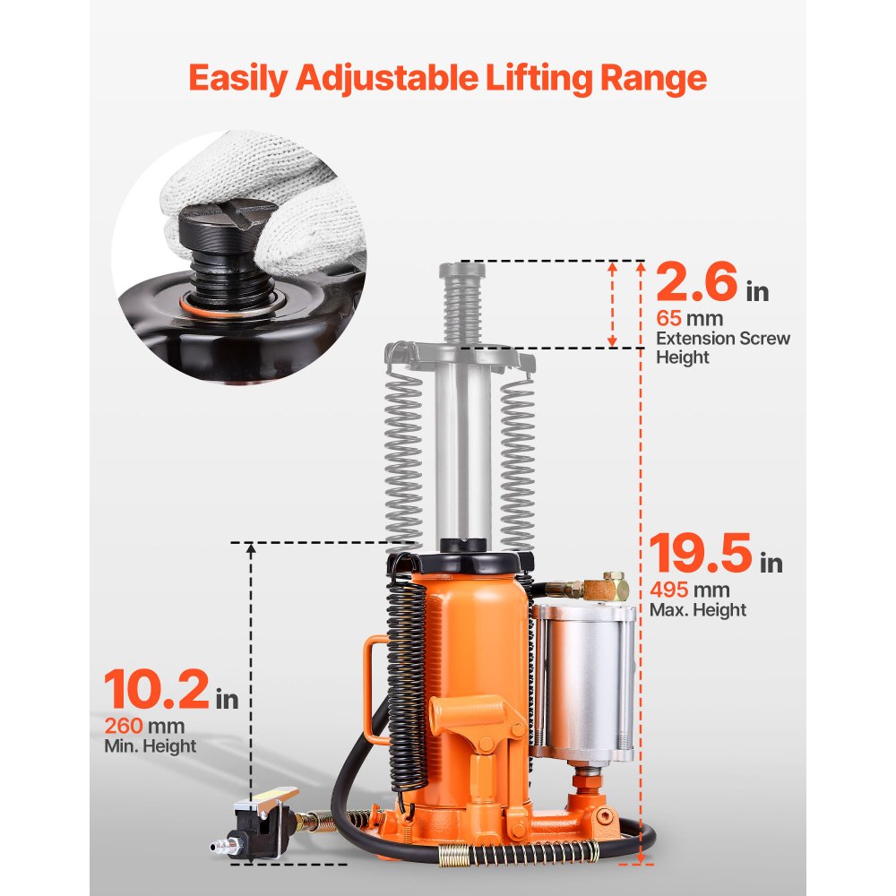 VEVOR Air Hydraulic Bottle Jack, 20 Ton (44092 lbs) Capacity, 260-495 mm Lifting Range, Pneumatic/Manual Heavy Duty Welded Bottle Jack with Pump for SUV, Pickup, Truck, RV, Car Auto Repair, Orange