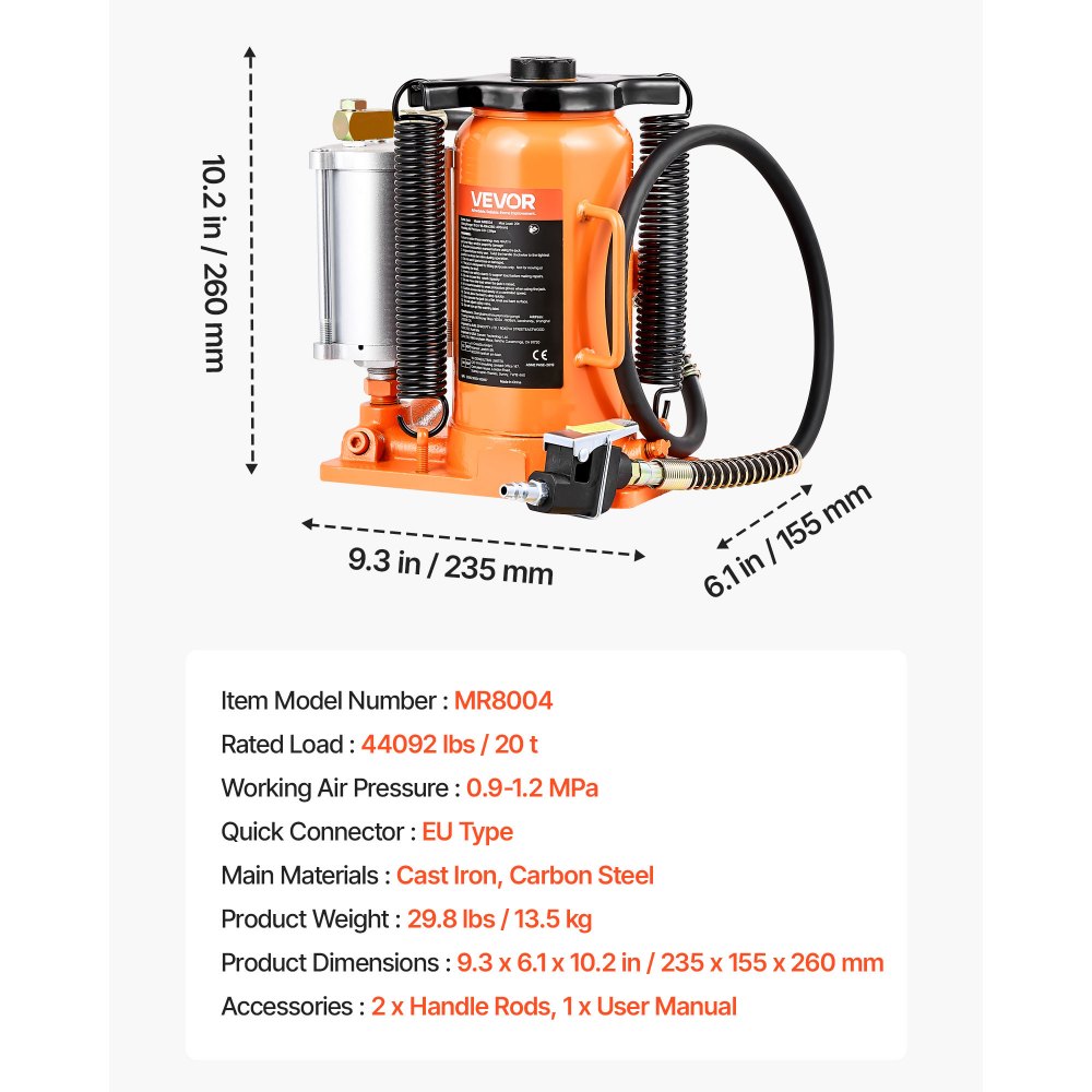VEVOR Air Hydraulic Bottle Jack, 20 Ton (44092 lbs) Capacity, 260-495 mm Lifting Range, Pneumatic/Manual Heavy Duty Welded Bottle Jack with Pump for SUV, Pickup, Truck, RV, Car Auto Repair, Orange