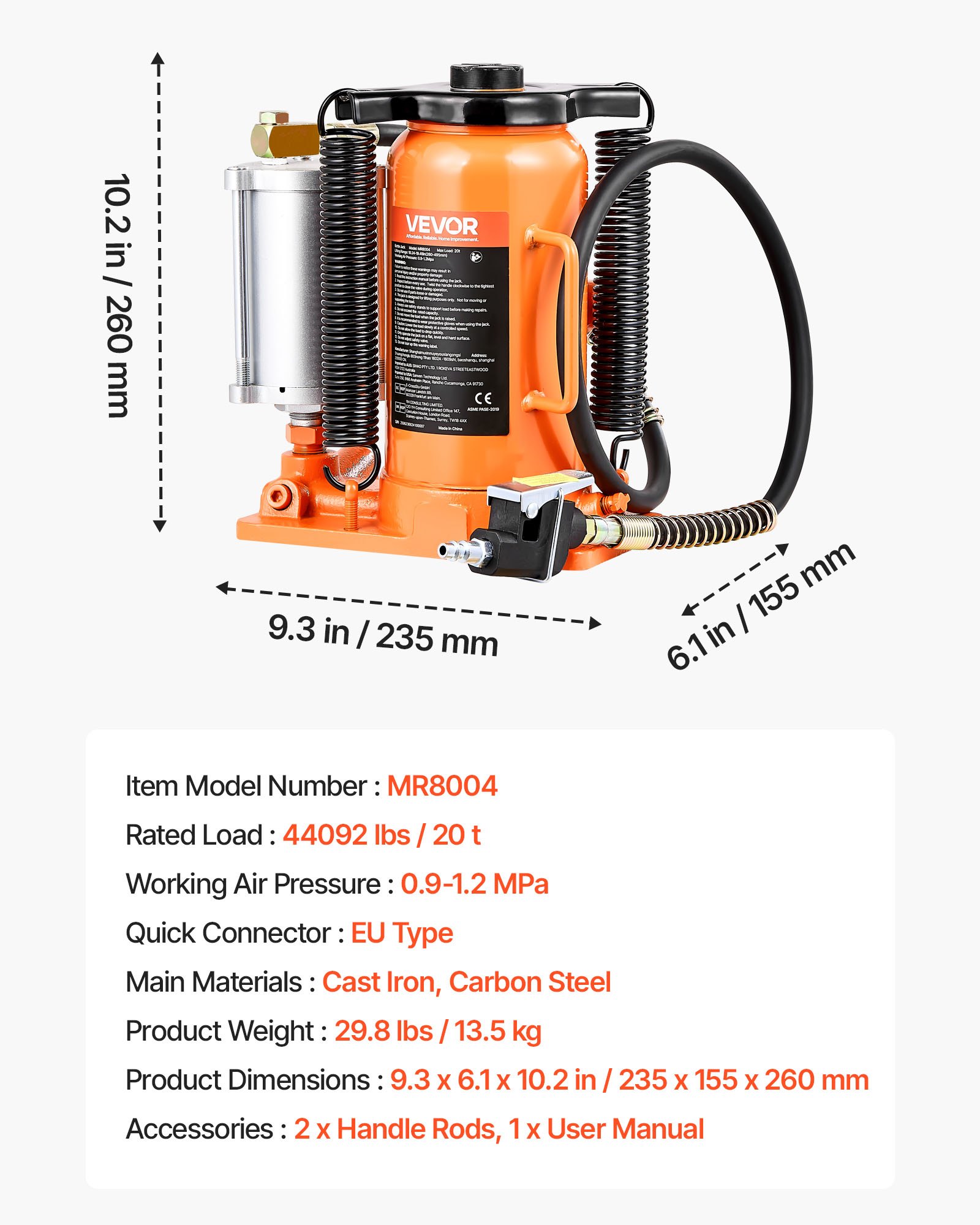 VEVOR Air Hydraulic Bottle Jack, 20 Ton (44092 lbs) Capacity, 260-495 mm Lifting Range, Pneumatic/Manual Heavy Duty Welded Bottle Jack with Pump for SUV, Pickup, Truck, RV, Car Auto Repair, Orange