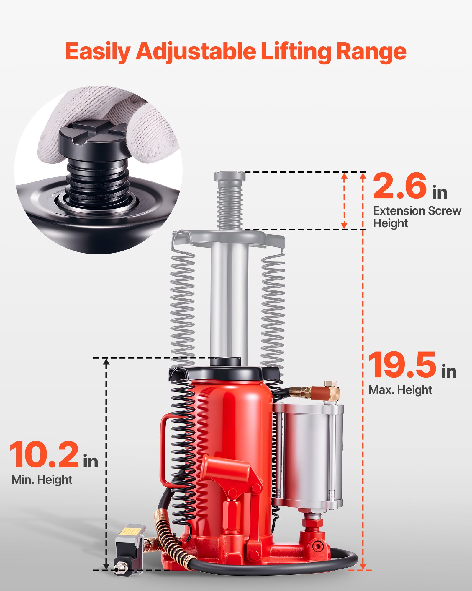 VEVOR Air Hydraulic Bottle Jack, 20 Ton (44092 lbs) Capacity, 10.2-19.5 Inch Lifting Range, Pneumatic/Manual Heavy Duty Welded Bottle Jack with Pump for Car, Pickup, Truck, RV, SUV, Auto Repair, Red