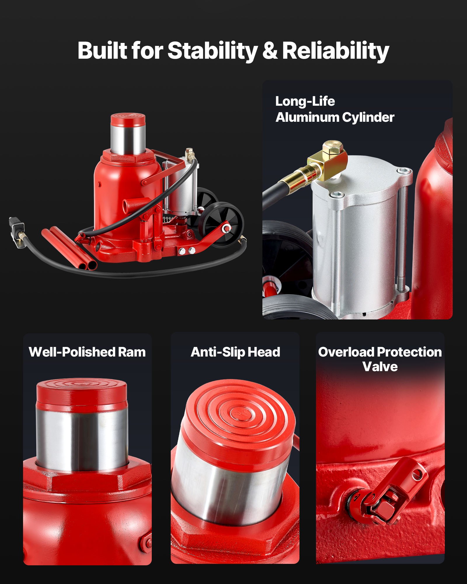 VEVOR Air Hydraulic Bottle Jack, 50 Ton (110231.5 lbs) Capacity, 265-410 mm Lifting Range, Pneumatic/Manual Heavy Duty Welded Bottle Jack with Pump for SUV, Pickup, Truck, RV, Car Auto Repair, Red