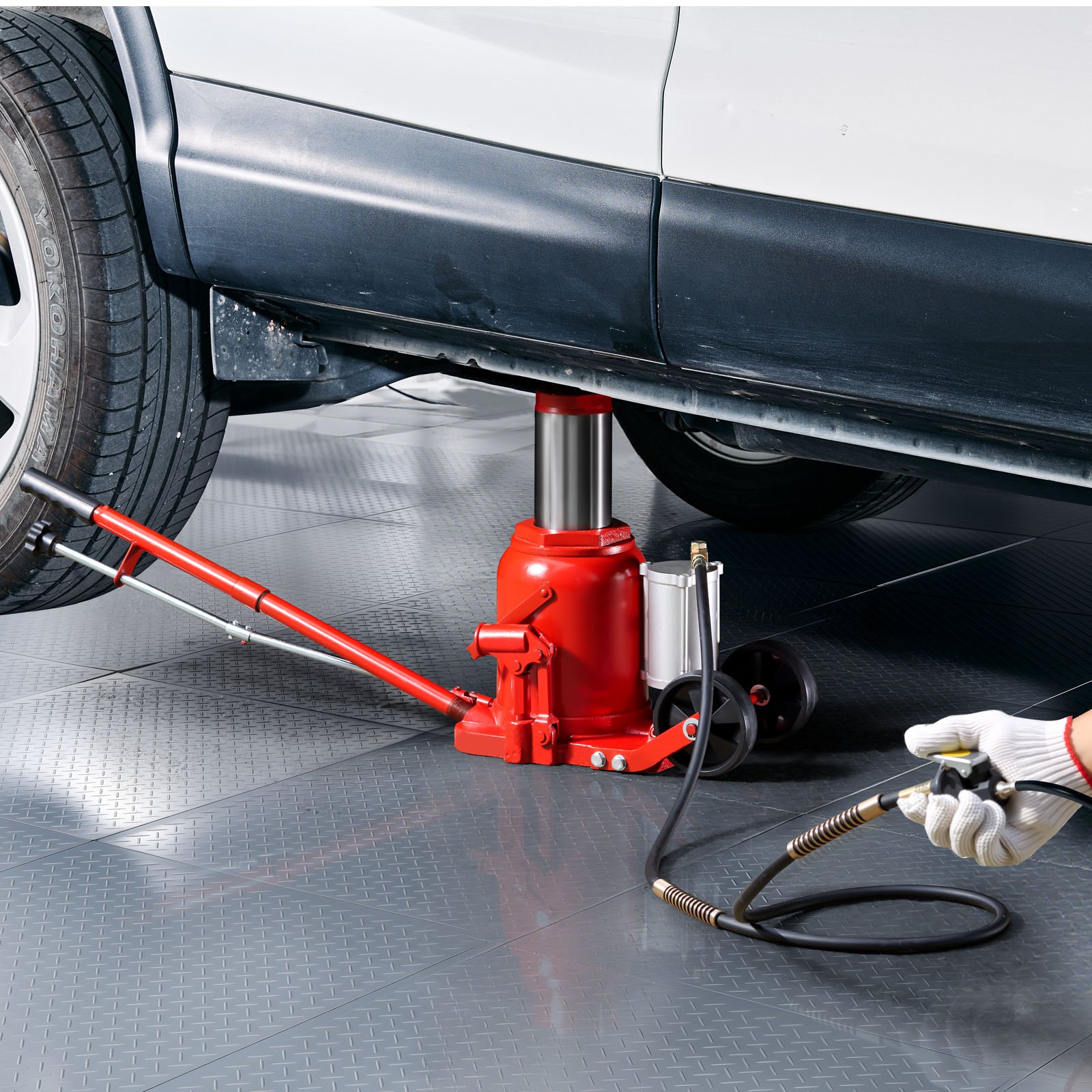 VEVOR Air Hydraulic Bottle Jack, 50 Ton (110231.5 lbs) Capacity, 265-410 mm Lifting Range, Pneumatic/Manual Heavy Duty Welded Bottle Jack with Pump for SUV, Pickup, Truck, RV, Car Auto Repair, Red