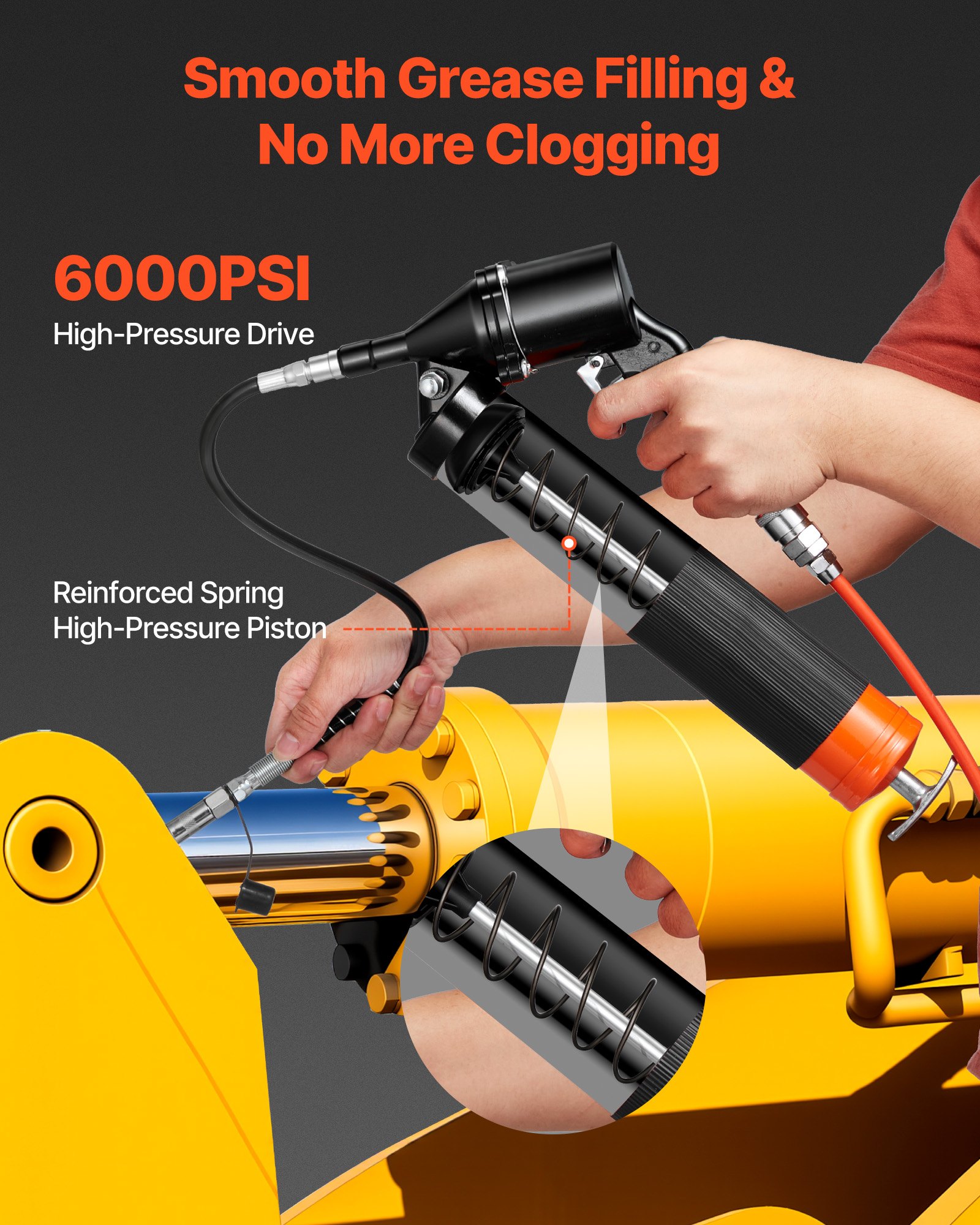VEVOR Grease Gun, 6000 PSI High Pressure, Heavy Duty Pistol Grip Grease Gun Kit with 0.4 L Capacity, Includes 45.7 cm Flex Hose, 1 Extension Rigid Pipe and 2 Flat Nozzles for Automotive, Marine