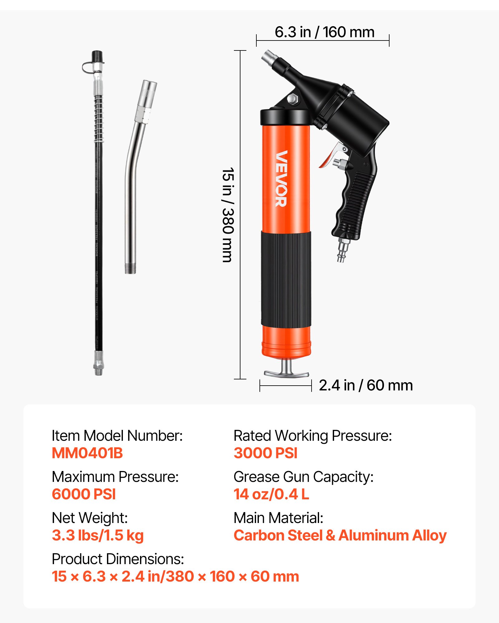 VEVOR Grease Gun, 6000 PSI High Pressure, Heavy Duty Pistol Grip Grease Gun Kit with 0.4 L Capacity, Includes 45.7 cm Flex Hose, 1 Extension Rigid Pipe and 2 Flat Nozzles for Automotive, Marine