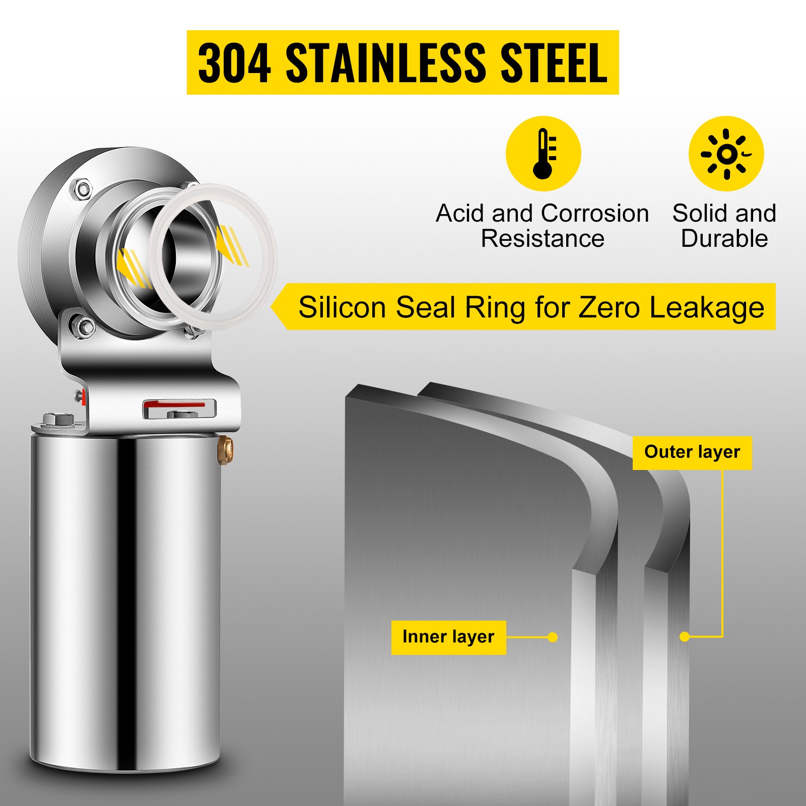 VEVOR Pneumatic Butterfly Valve, 2\" Pneumatic Sanitary Valve, Heavy-Duty 304 Stainless Steel Tri Clamp Pneumatic Valve, Silicone Seal Pneumatic Butterfly with Pneumatic Actuator Clamp Single Acting