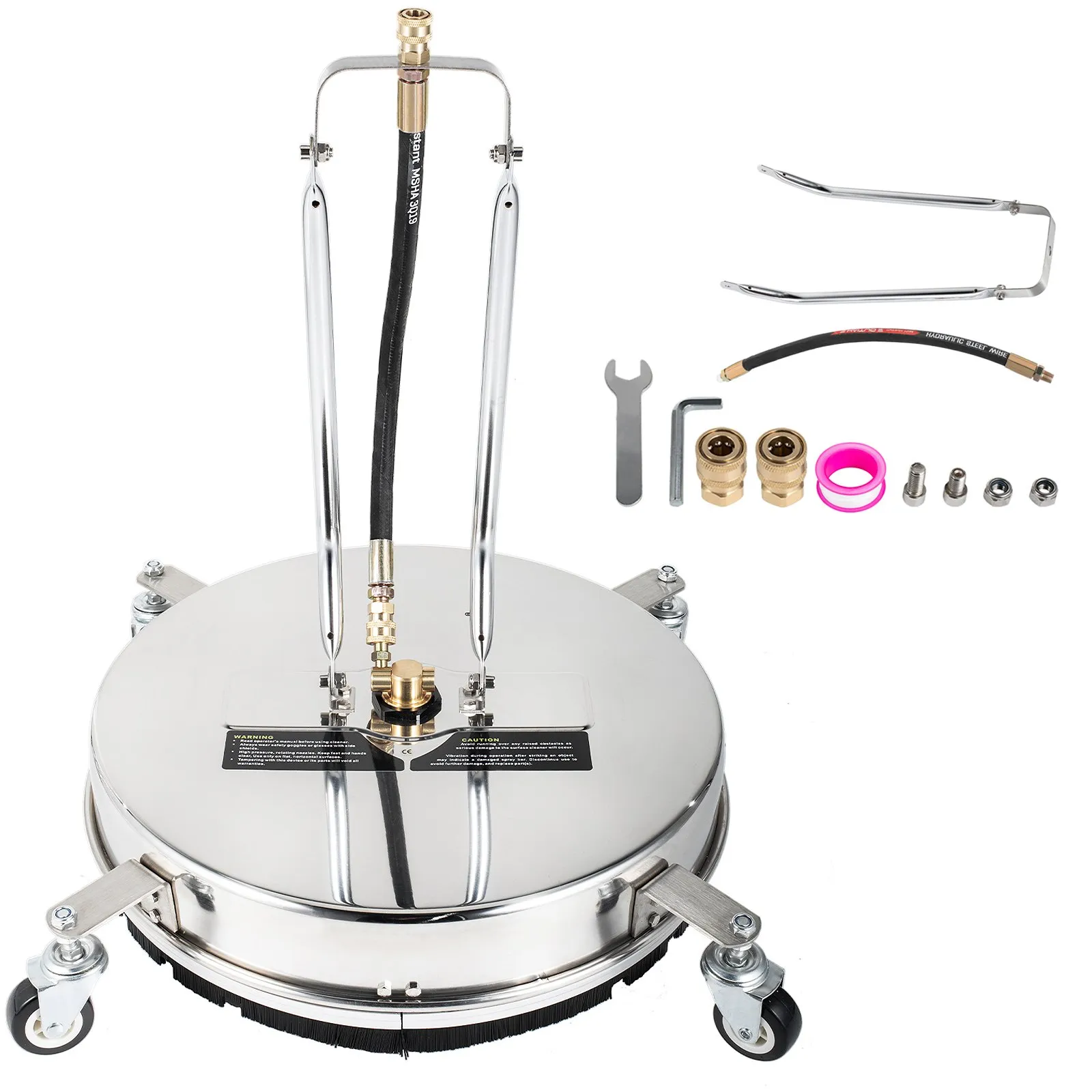 VEVOR surface cleaner with accessories including hose, wrench, and fittings.