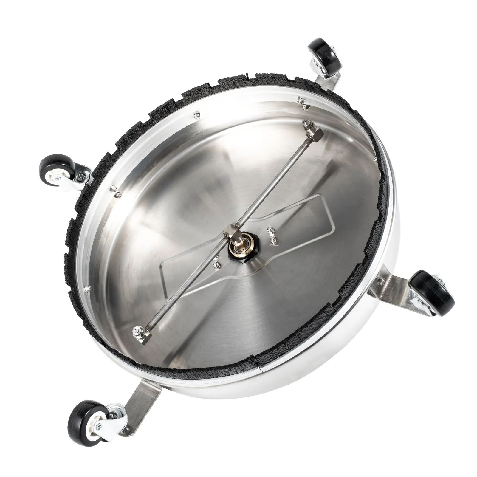 VEVOR surface cleaner with stainless steel housing and rotating nozzles on wheels.