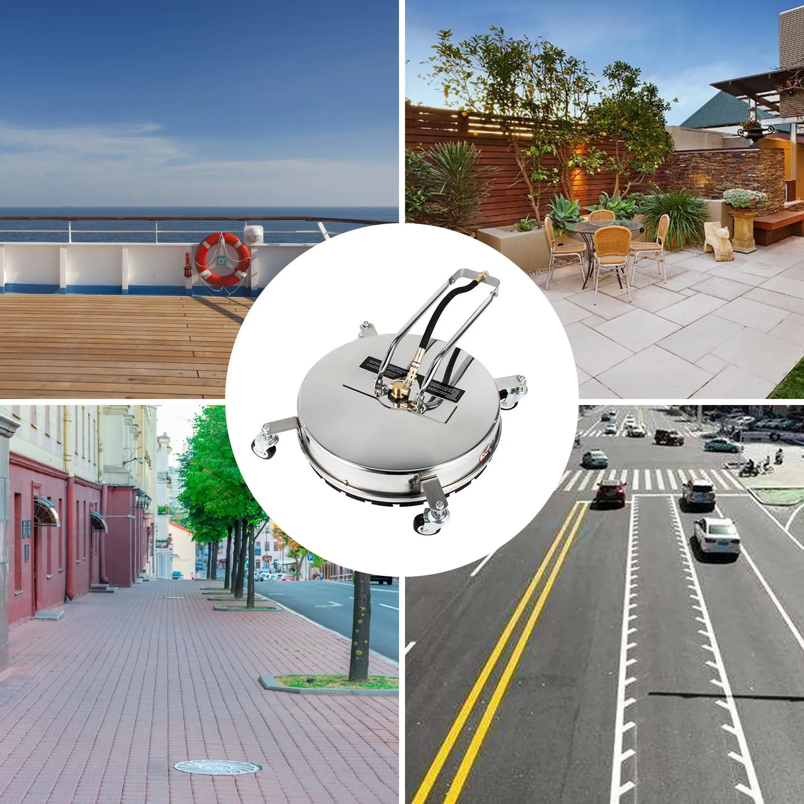 VEVOR surface cleaner on a ship deck, patio, street, and intersection.