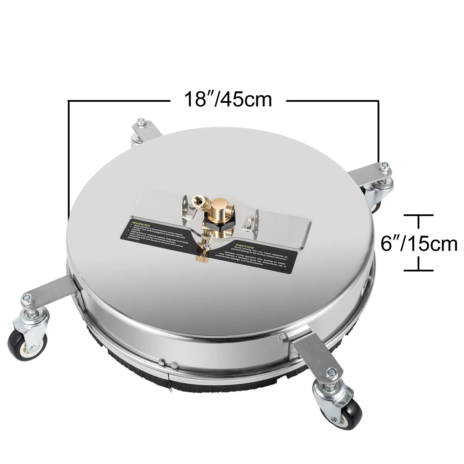VEVOR surface cleaner with measurements 18&quot; (45 cm) diameter and 6&quot; (15 cm) height.