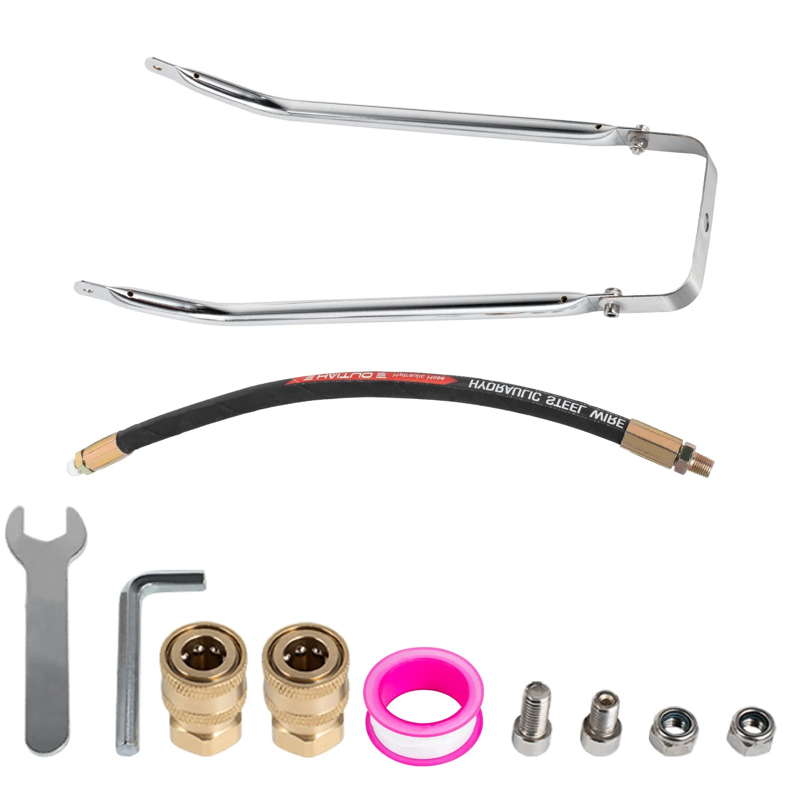 VEVOR surface cleaner parts: handle, hose, wrench, fittings, and accessories.