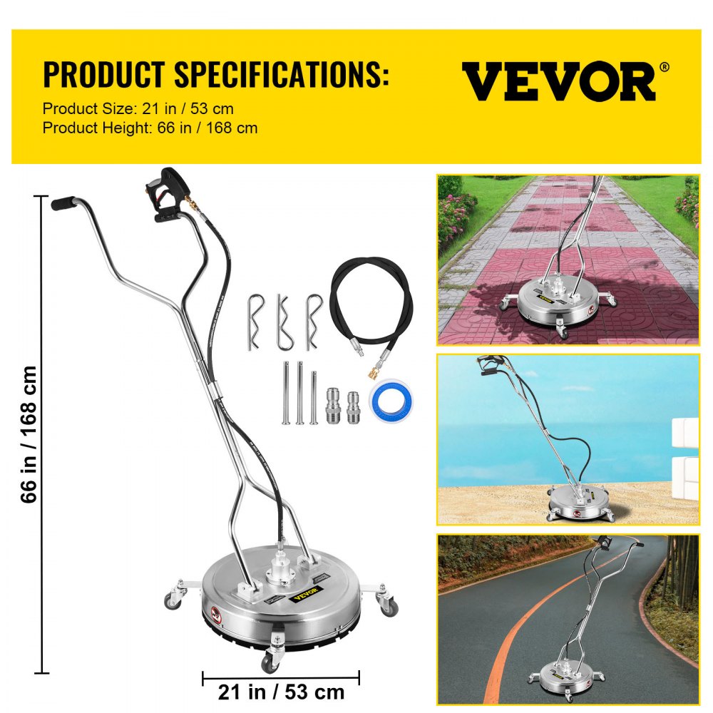 VEVOR Surface Cleaner 21 Inch Pressure Flat Surface Cleaning 4000 PSI Max Working Pressure Flat Surface Cleaner Stainless Steel Rotating Surface Cleaner with Wheels Power Washer Floor Scrubber