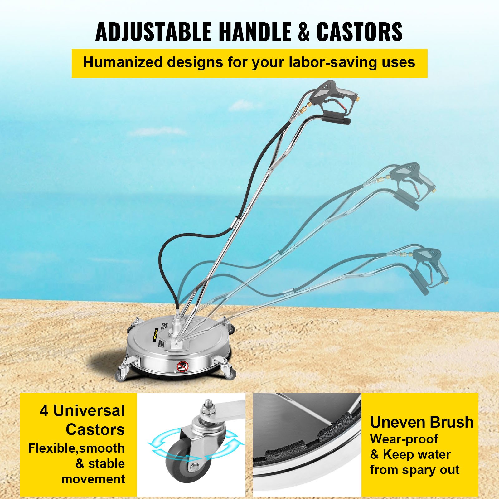 VEVOR pressure washer surface cleaner with adjustable handle and 4 universal castors.