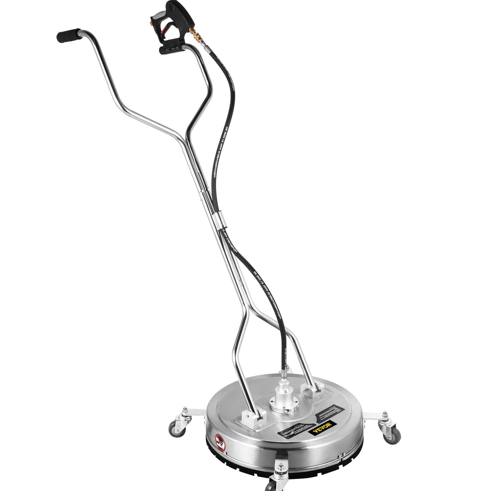 VEVOR pressure washer surface cleaner with chrome handle and four swivel wheels.