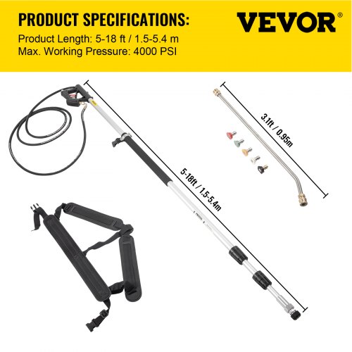 VEVOR Pressure Washer Wand Telescoping 18ft 4000psi Telescopic Pressure Washer Wand with Strap Belt 3/8" Quick Connector Extension Pole for Power Washer Spray Lance 5 Nozzles Driveway Building Car