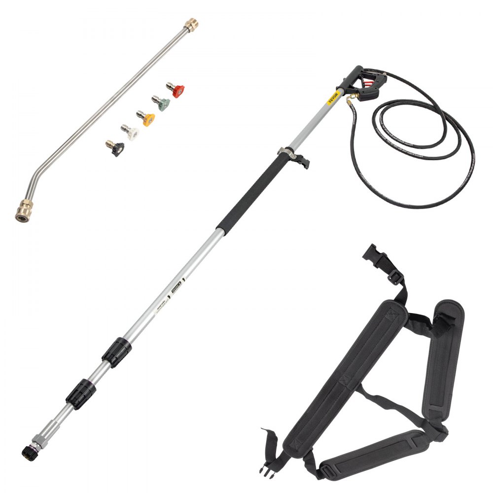 VEVOR Telescoping Pressure Washer Wand, Max. 18 ft Adjustable Power Washer Extension Wand, 4000PSI 9GPM Power Cleaning Tools with 5 Nozzle Tips, Strap Belt, 3/8\'\' & 1/4\'\' Quick Connectors, Silver/