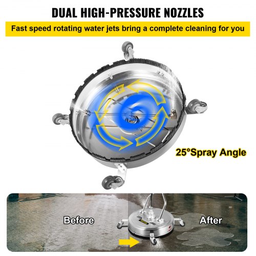 VEVOR Pressure Washer Surface Cleaner, 20'', Max. 4000 PSI Pressure by 2 Nozzles for Cleaning Driveways, Sidewalks, Stainless Steel Frame w/ Rotating Dual Handle, Wheels, Fit for 3/8'' Quick Connector