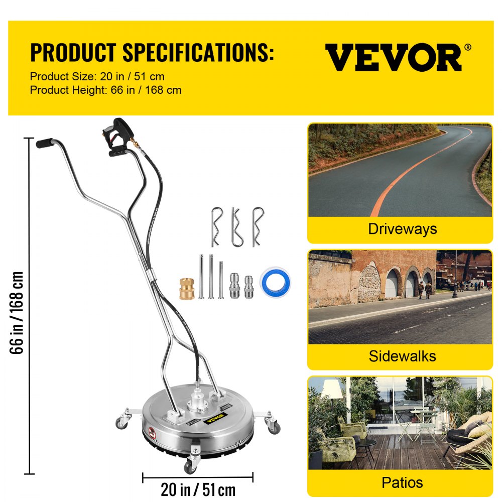 VEVOR Pressure Washer Surface Cleaner, 50.8 cm, Max. 4000 PSI Pressure by 2 Nozzles for Cleaning Driveways, Sidewalks, Stainless Steel Frame w/ Rotating Dual Handle, Wheels, Fit for 9.525 mm Quick Connector