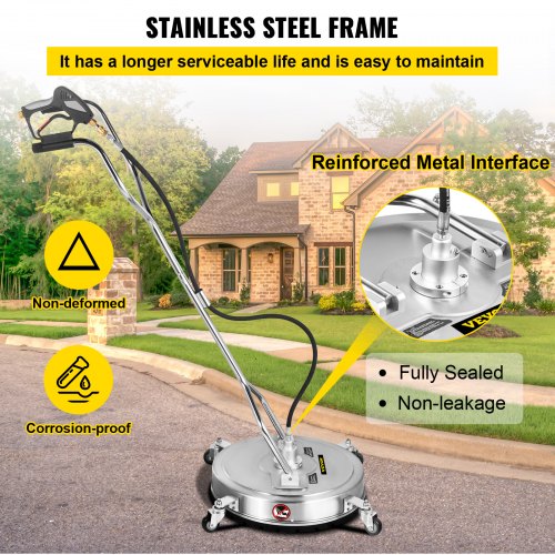 VEVOR Pressure Washer Surface Cleaner, 24'', Max. 4000 PSI Pressure by 2 Nozzles for Cleaning Driveways, Sidewalks, Stainless Steel Frame w/ Rotating Dual Handle, Wheels, Fit for 3/8'' Quick Connector