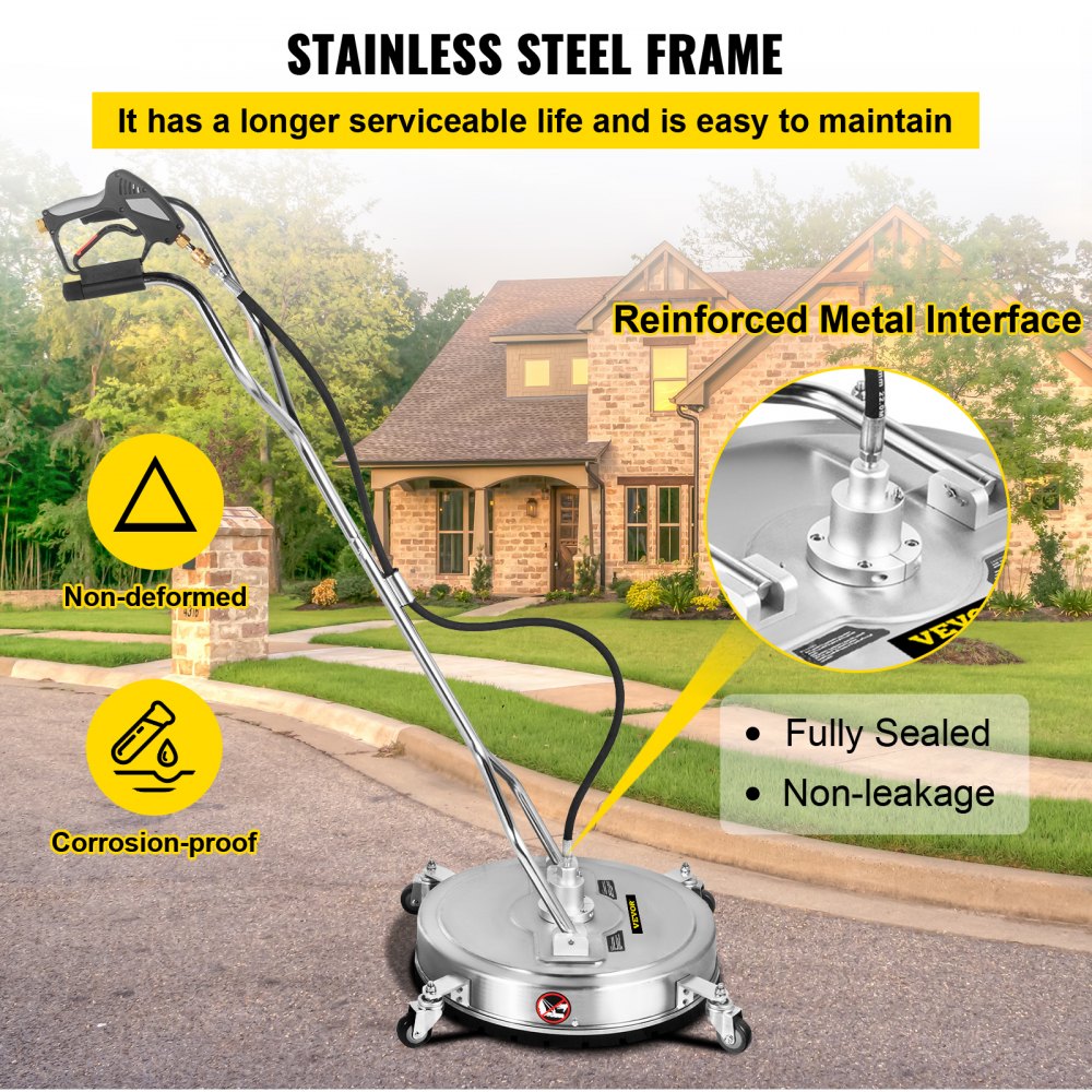 VEVOR pressure surface cleaner with stainless steel frame on a driveway, showcasing durability features.