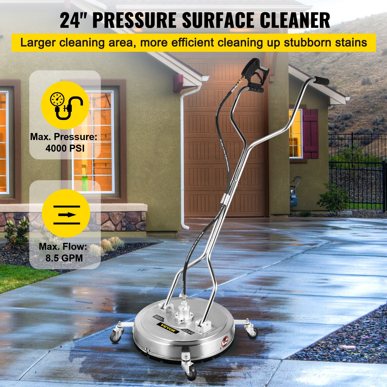 VEVOR Pressure Washer Surface Cleaner, 24\'\', Max. 4000 PSI Pressure by 2 Nozzles for Cleaning Driveways, Sidewalks, Stainless Steel Frame with Rotating Dual Handle, Wheels, Fit for 3/8\'\' Quick Con
