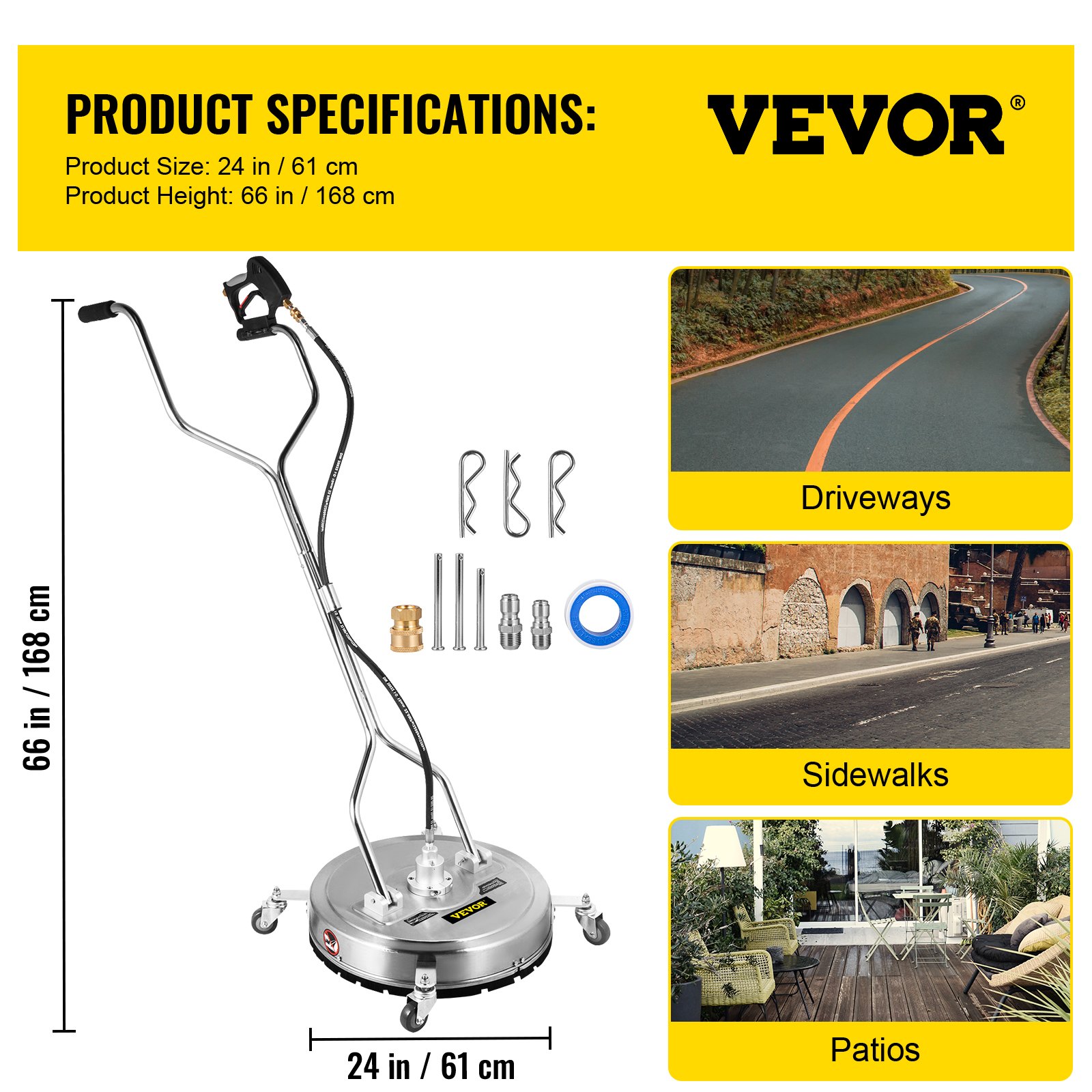 VEVOR Pressure Washer Surface Cleaner, 24\'\', Max. 4000 PSI Pressure by 2 Nozzles for Cleaning Driveways, Sidewalks, Stainless Steel Frame with Rotating Dual Handle, Wheels, Fit for 3/8\'\' Quick Con