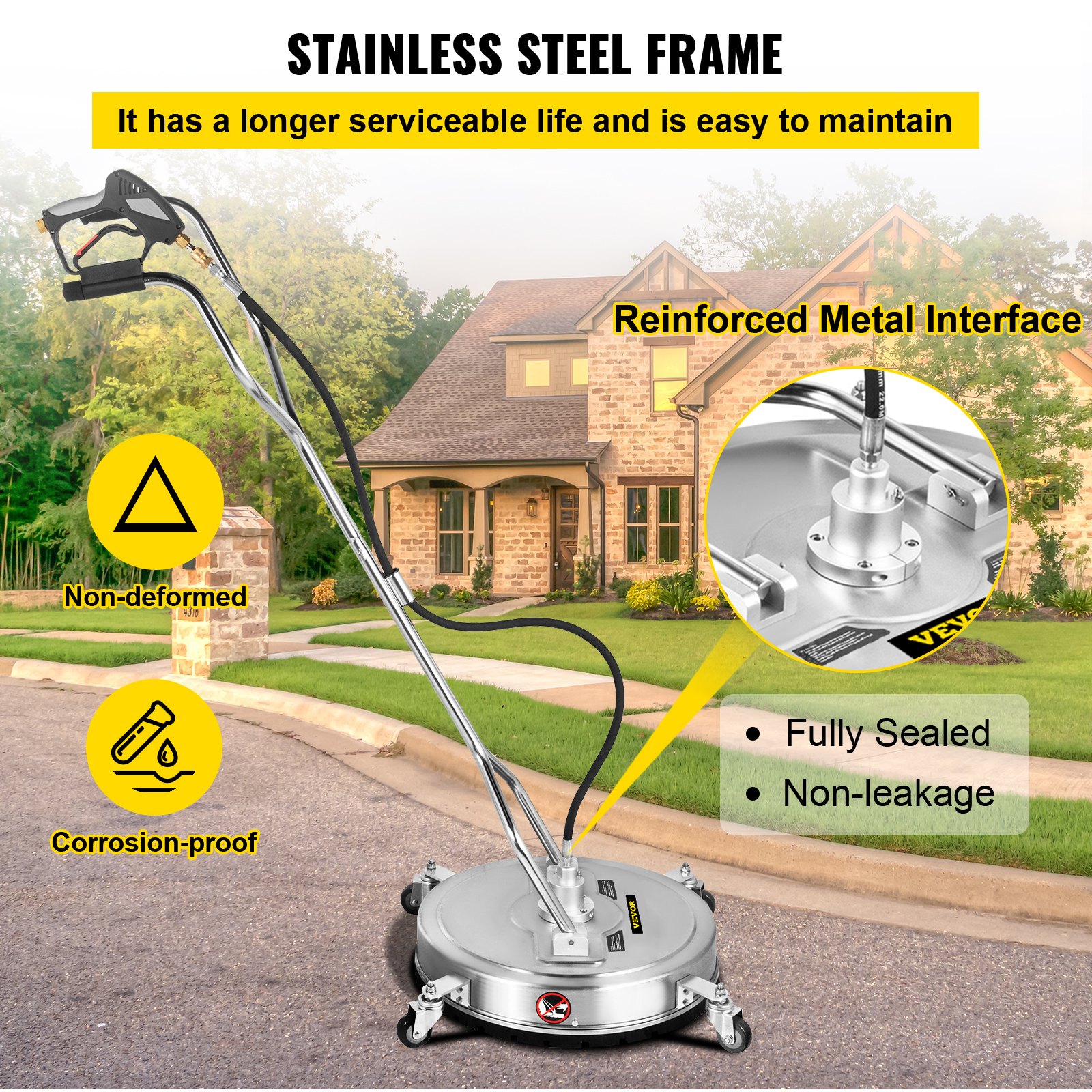 VEVOR pressure surface cleaner with stainless steel frame on a driveway, showcasing durability features.
